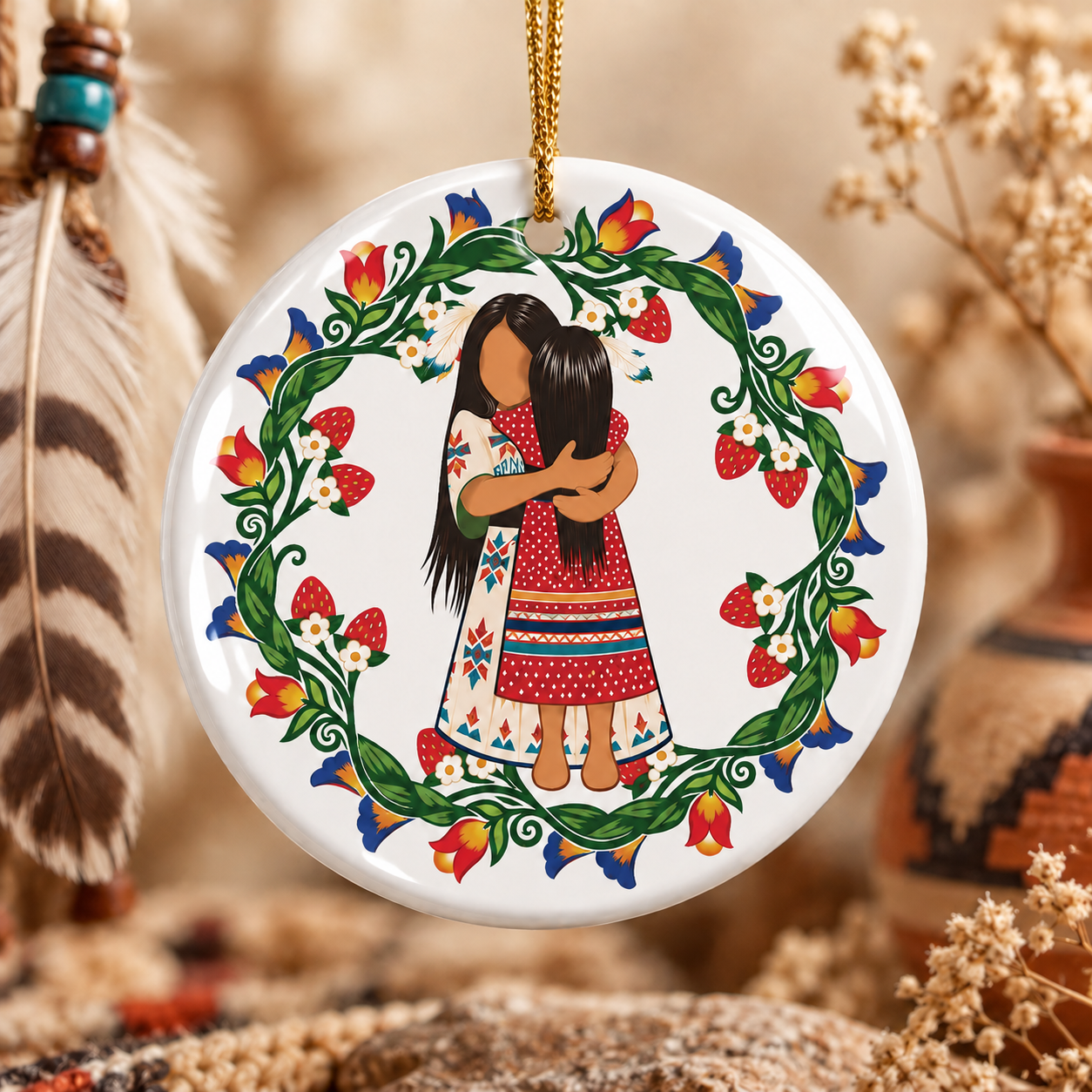Native Mother Daughter Hug Ceramic Ornament - Indigenous Art Decor