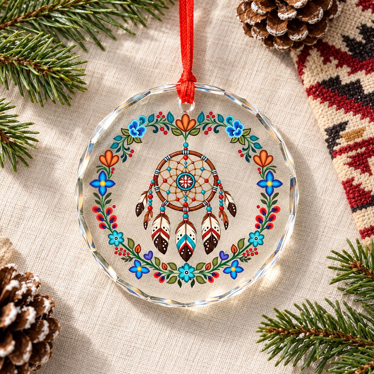 Native Floral Dreamcatcher Glass Ornament – Indigenous Art Decor