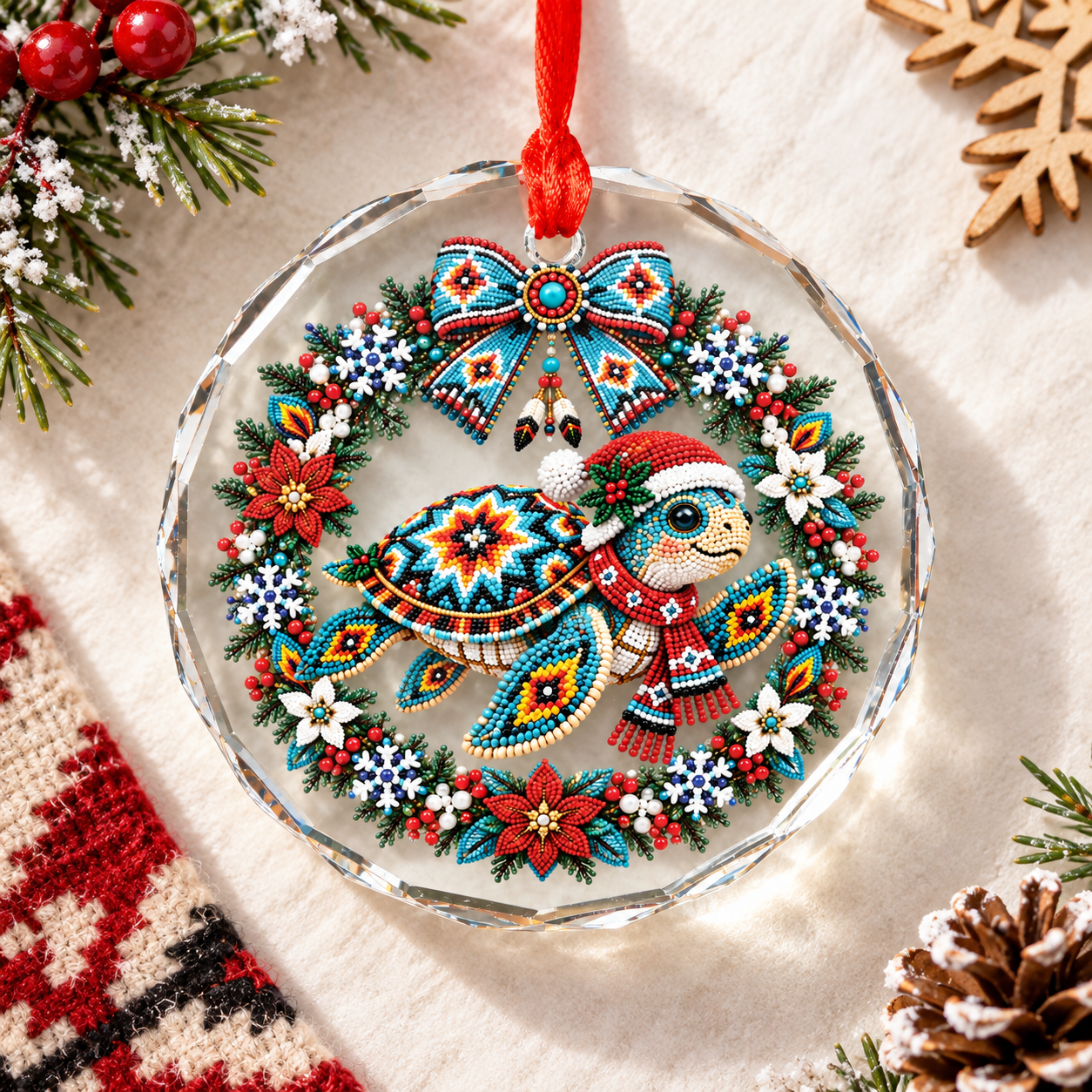 Native Beaded Turtle Santa Glass Ornament – Indigenous Art Decor