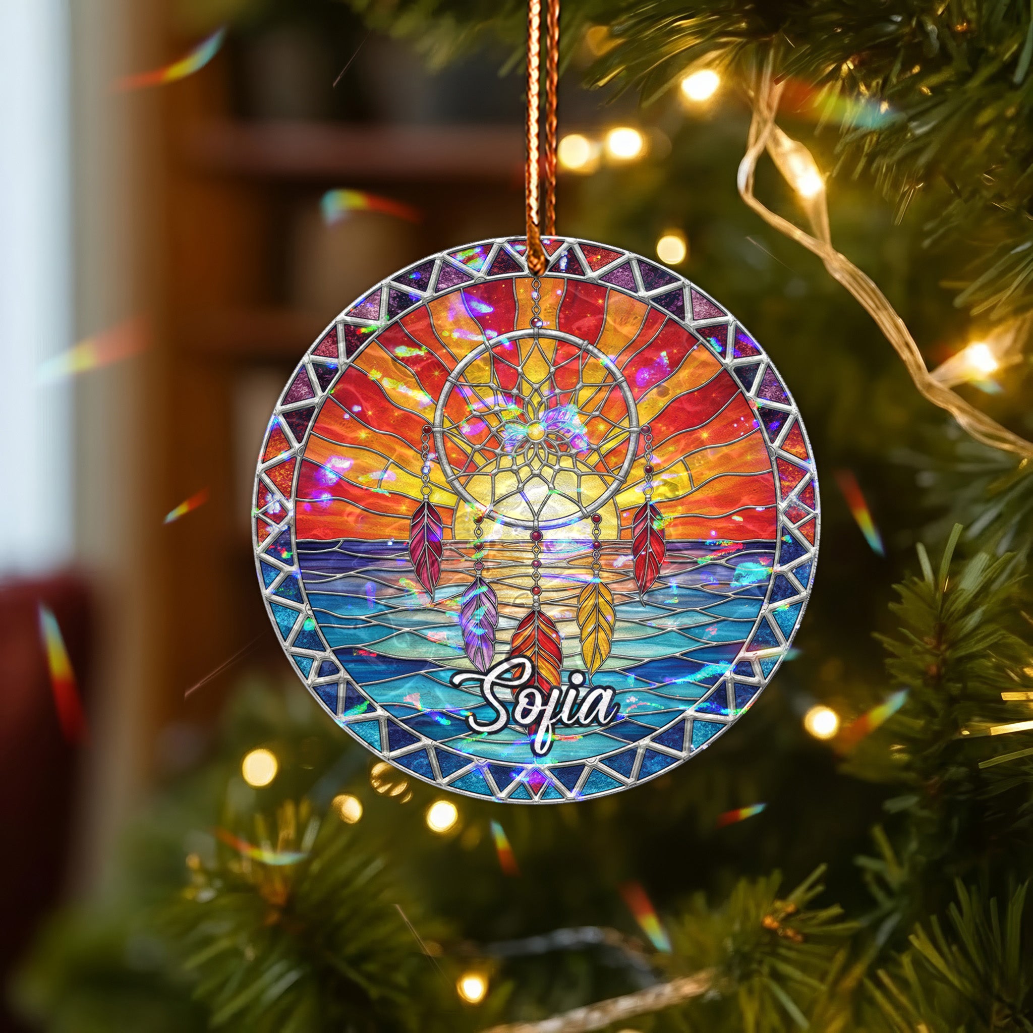 Sunset Waves Dreamcatcher Acrylic Suncatcher Ornament Unique Christmas Gift Decor (Custom Name)