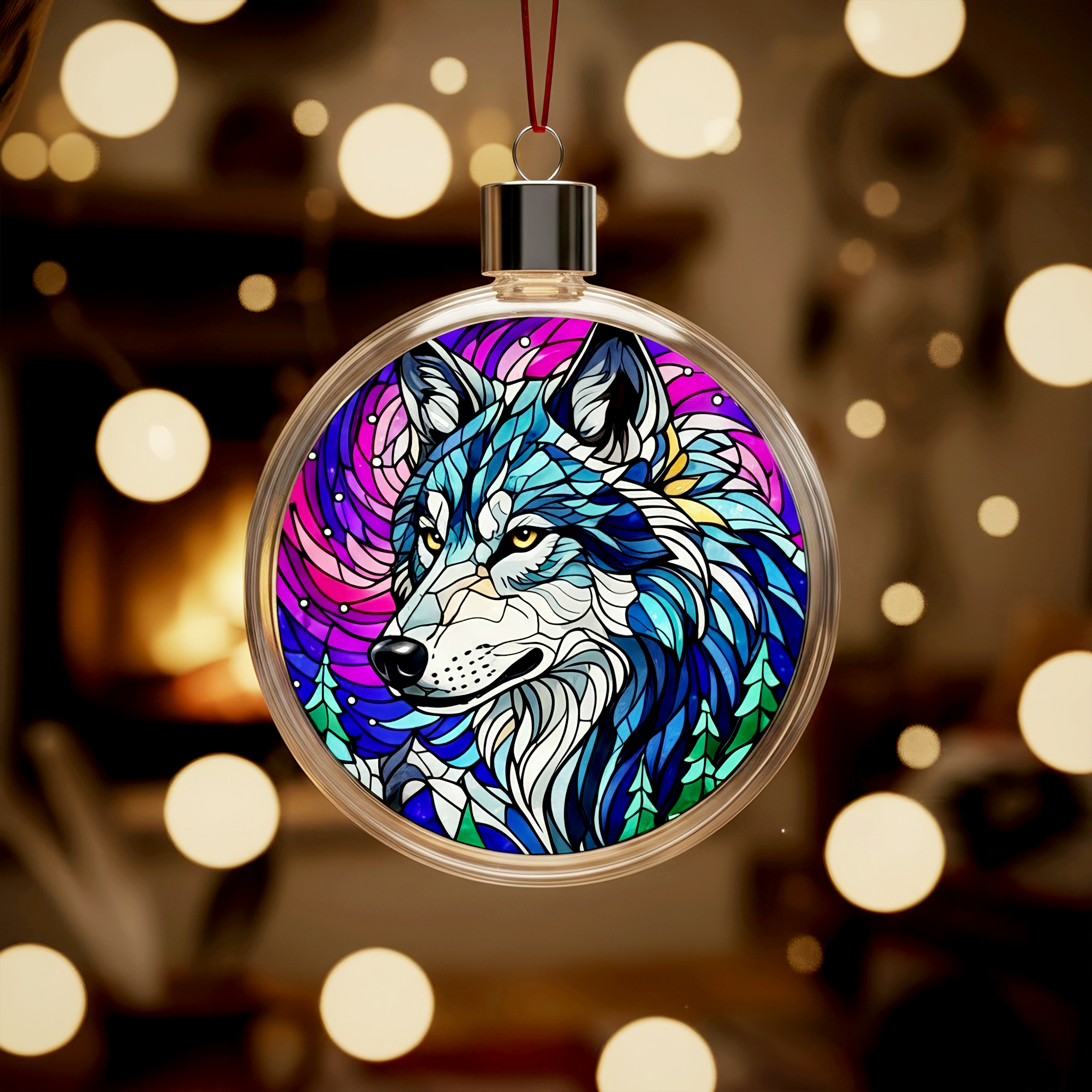 Stained Glass Wolf Clear Plastic and Aluminium Ornament Unique Christmas Gift Decor