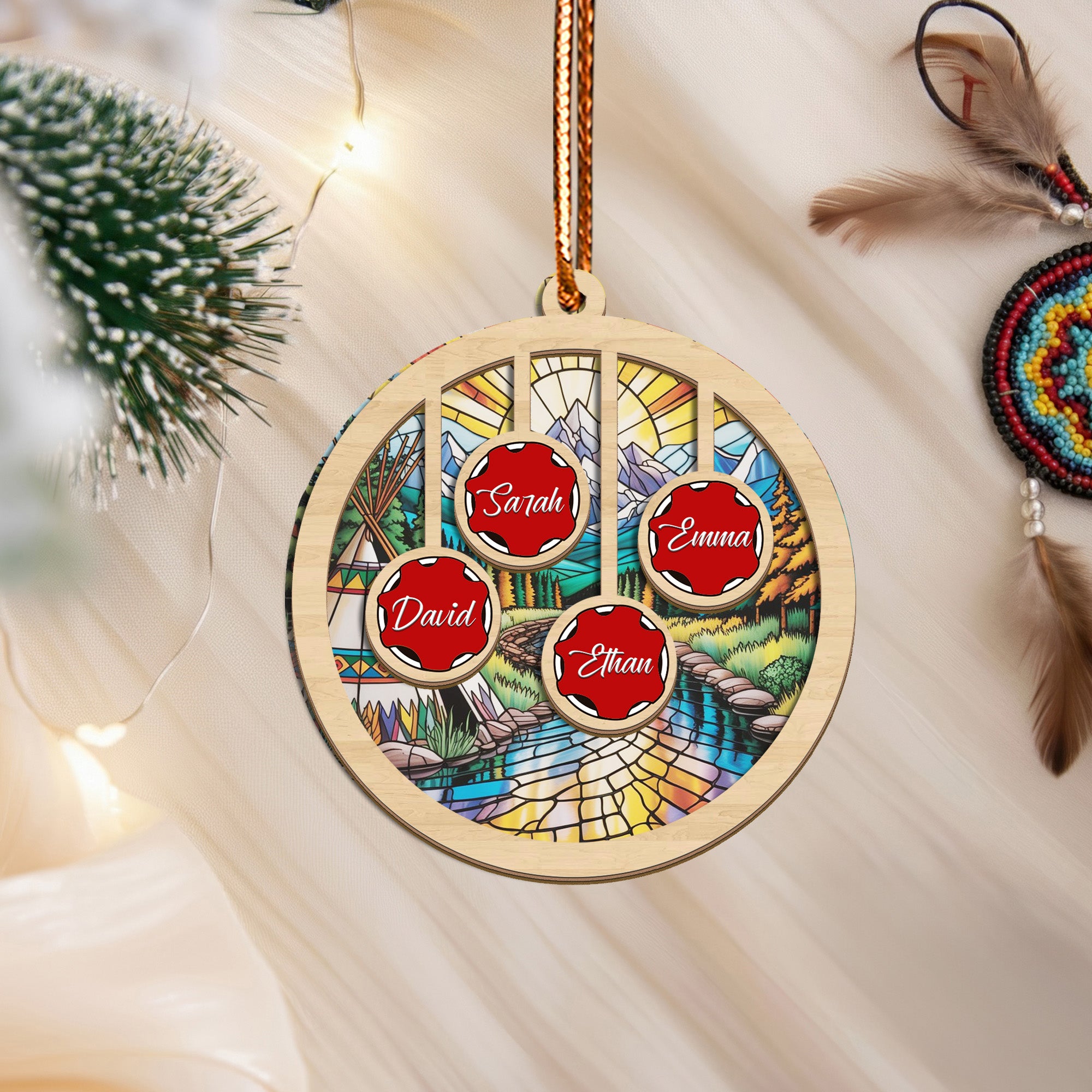 Native Teepee and Nature Family Ornament Unique Christmas Gift Decor Wood and Acrylic (Custom Name)