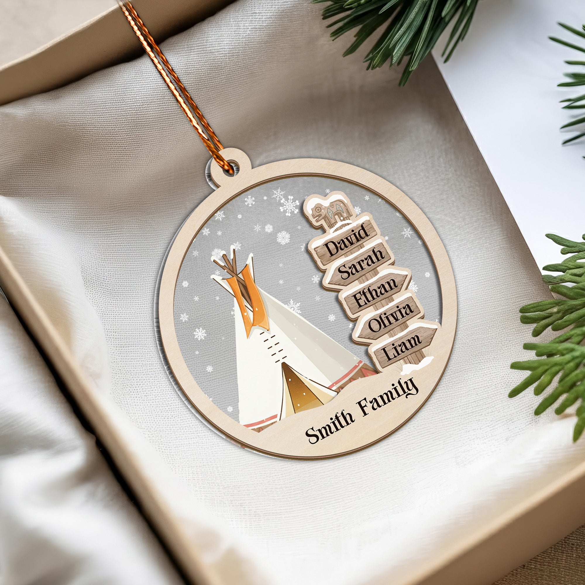 Native Teepee Family Ornament Unique Christmas Gift Decor Wood and Acrylic (Custom Name)