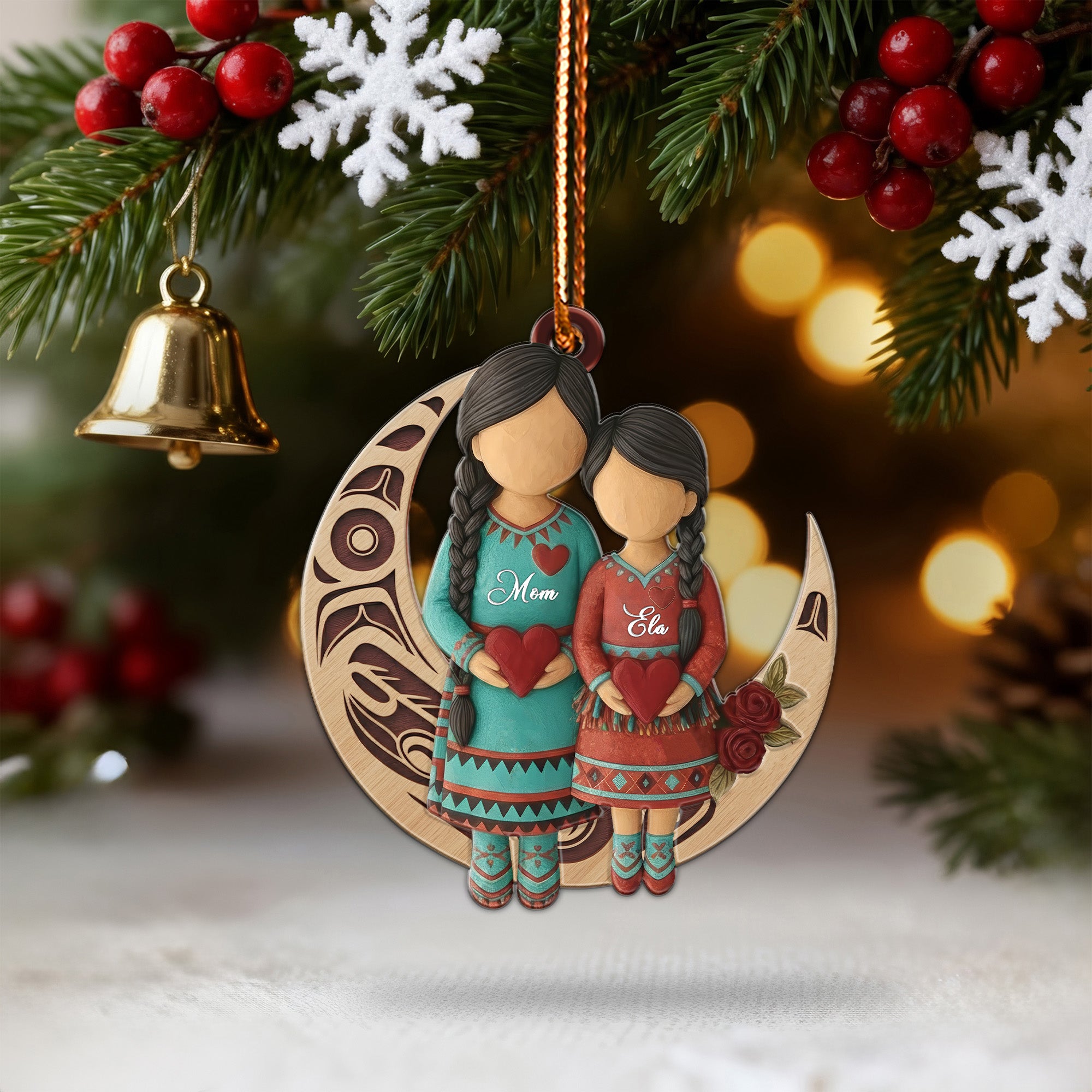 Native Mother & Daughter Moon Ornament Unique Christmas Gift Decor Flat Acrylic (Custom Name)