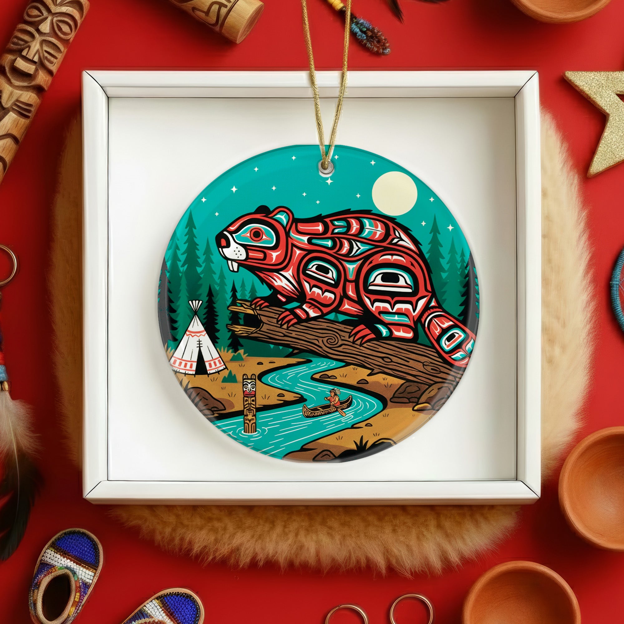 Beaver of the Sacred River Ceramic Ornament – Indigenous Art Decor