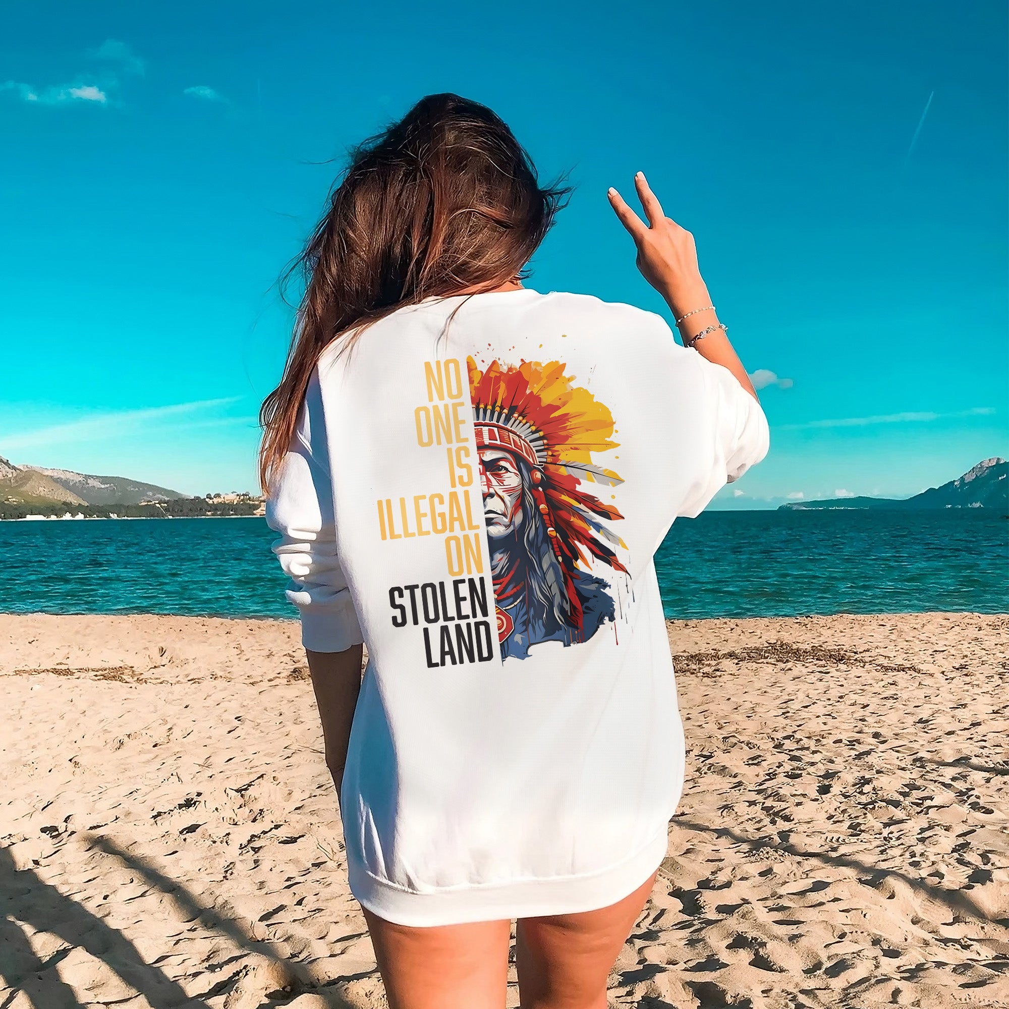 No One Is Illegal On Stolen Land Style 15 - Unisex Back T-shirt/T-shirt V-Neck/Hoodie/Sweatshirt