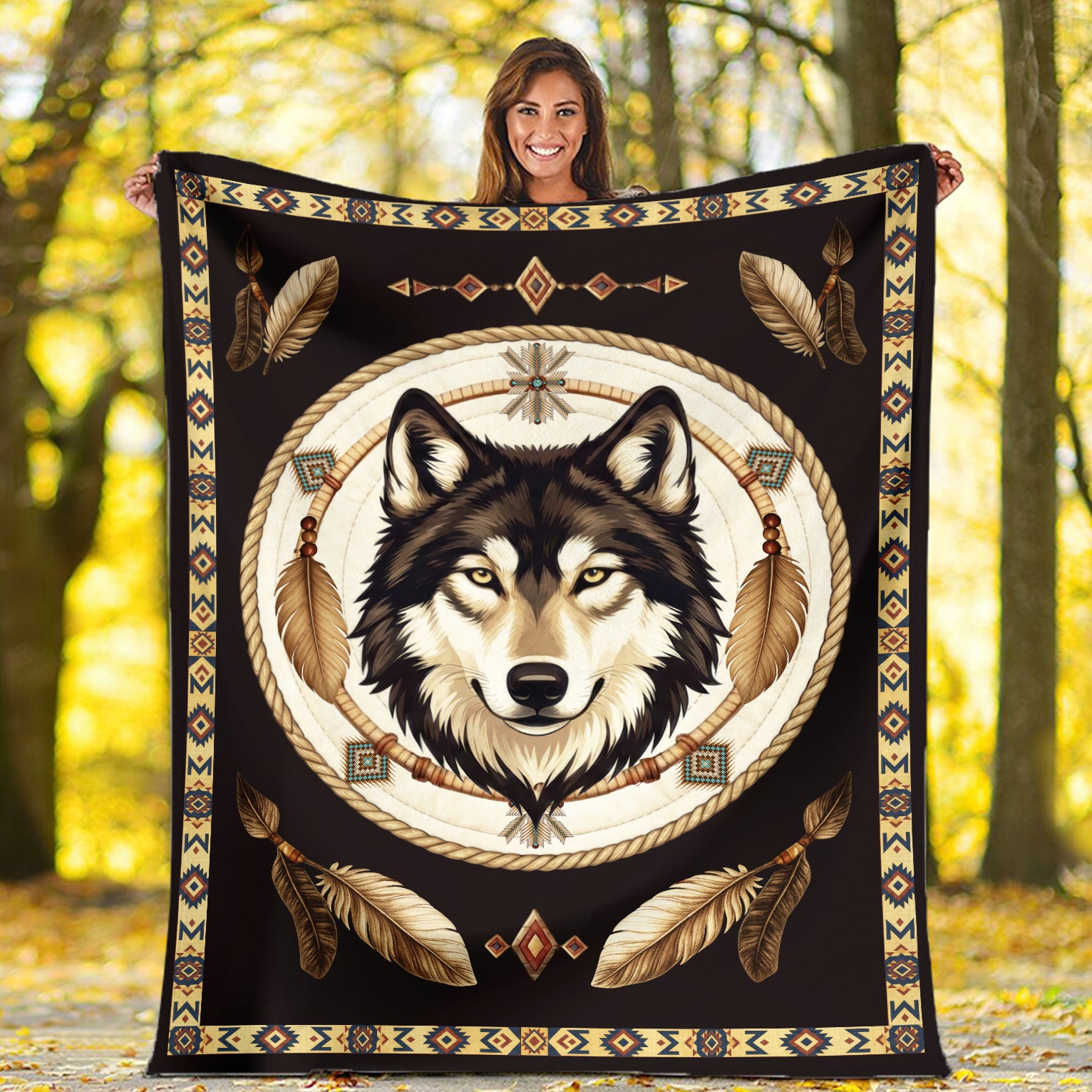 Native Wisdom Wolf Throw Native American Cozy Fleece Blanket