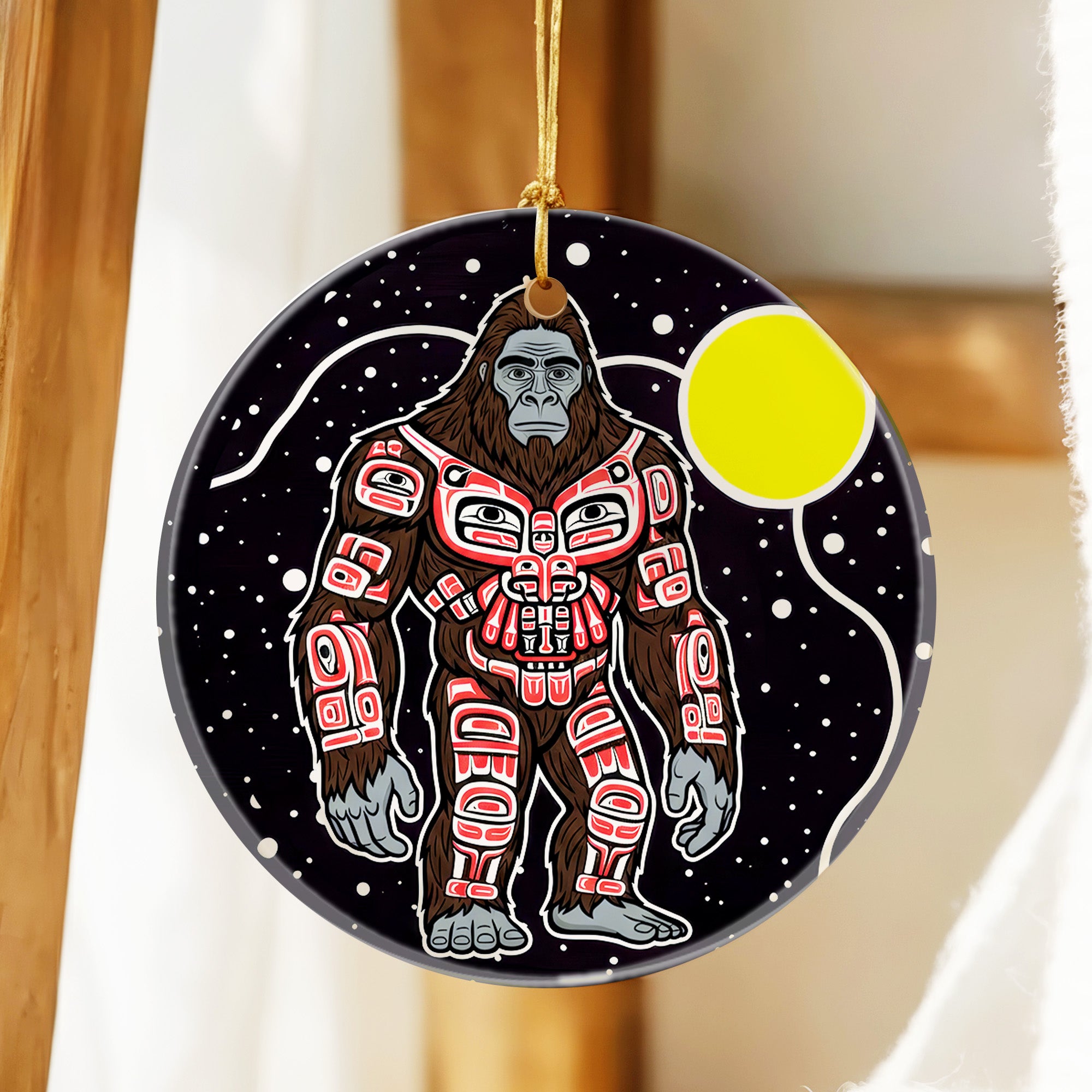 Moonlit Bigfoot Spirit Ceramic Ornament – Indigenous Art Decor