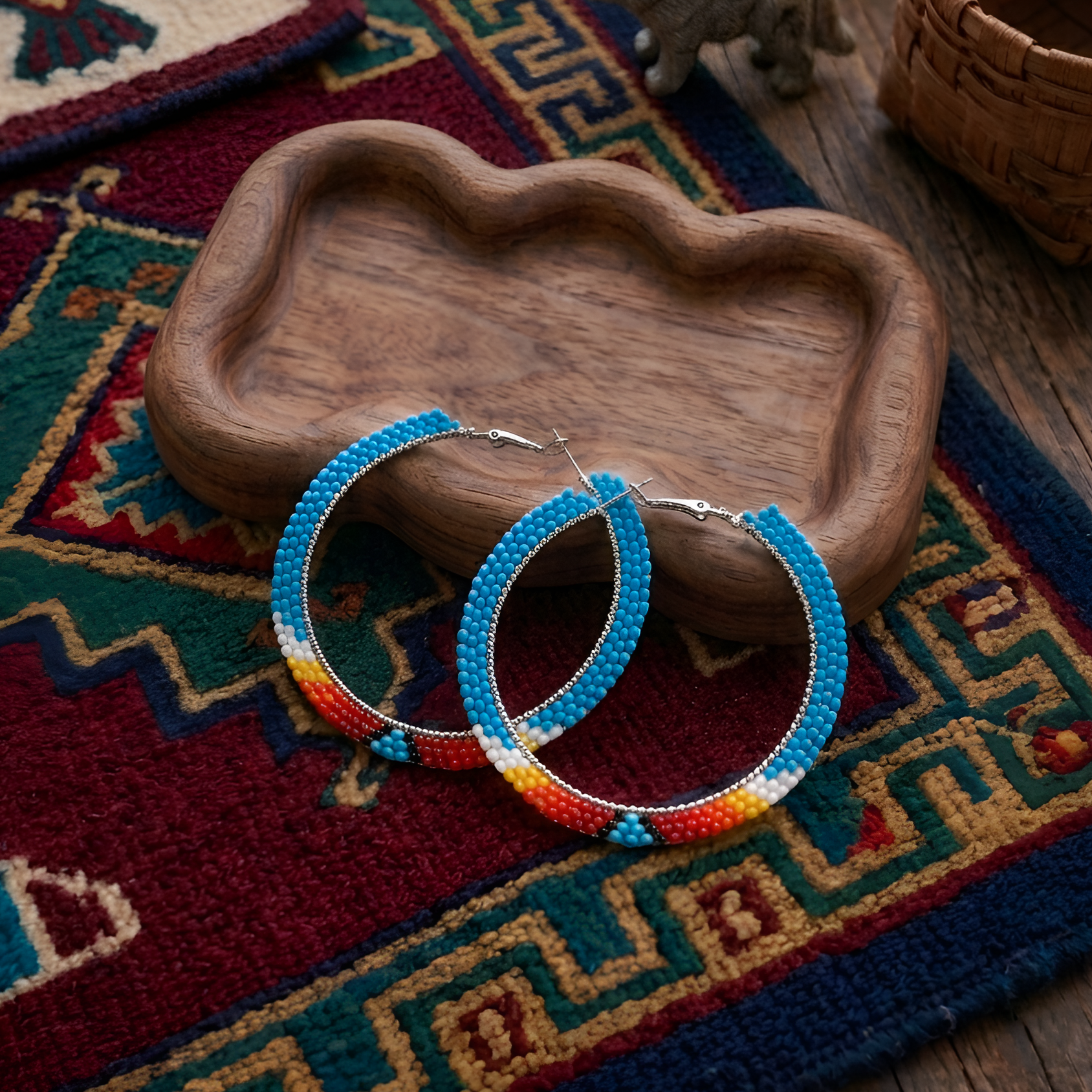 Native American Turquoise Beaded Hoop Earrings – Handmade Seed Bead Statement Jewelry