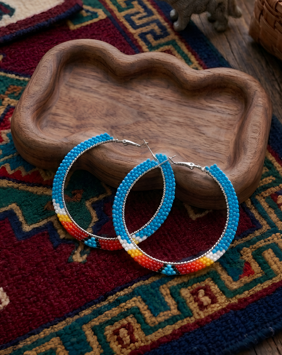 Native American Turquoise Beaded Hoop Earrings – Handmade Seed Bead Statement Jewelry