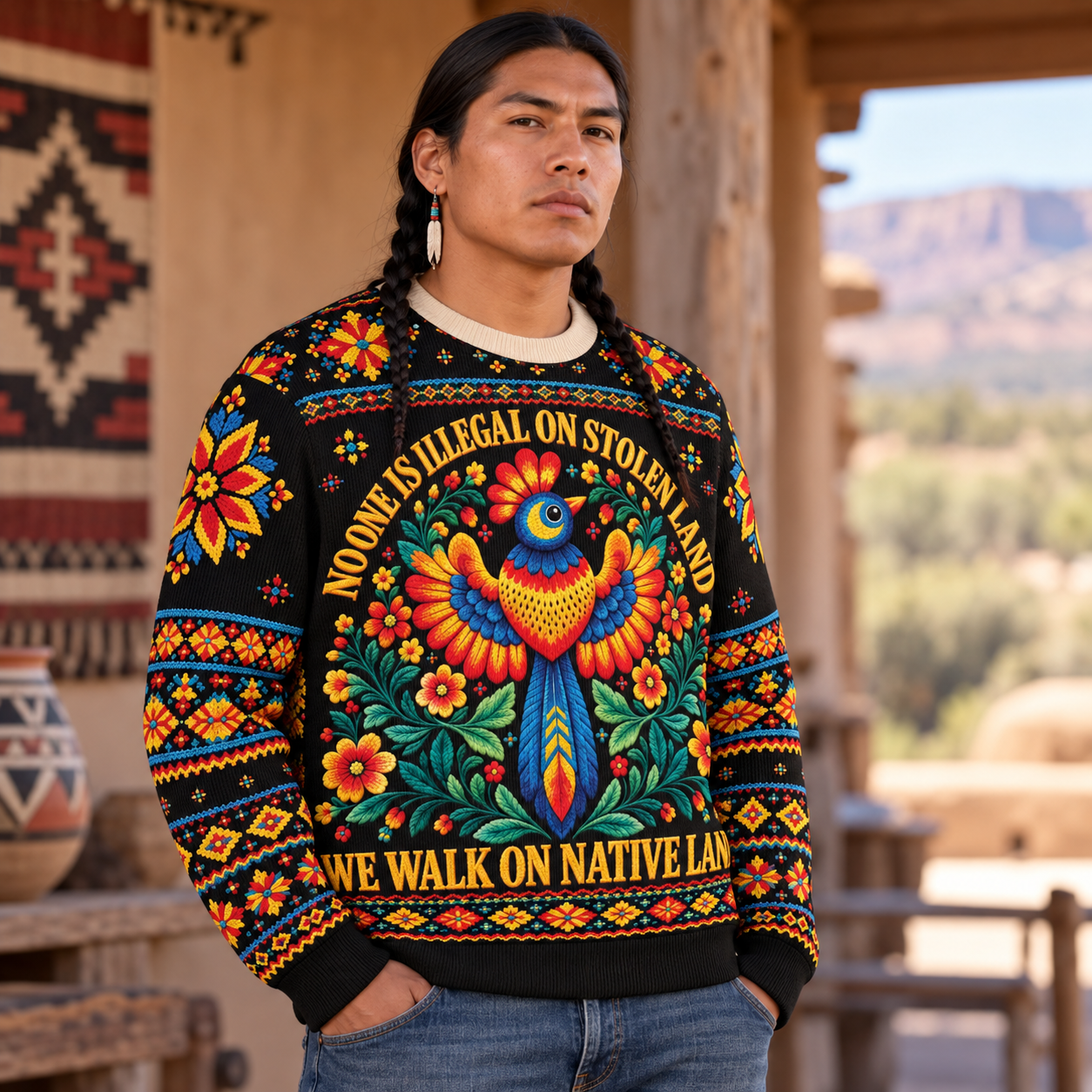 No One Is Illegal On Stolen Land Ugly Sweatshirt Style 2 - Native American Ugly Sweatshirt Unisex