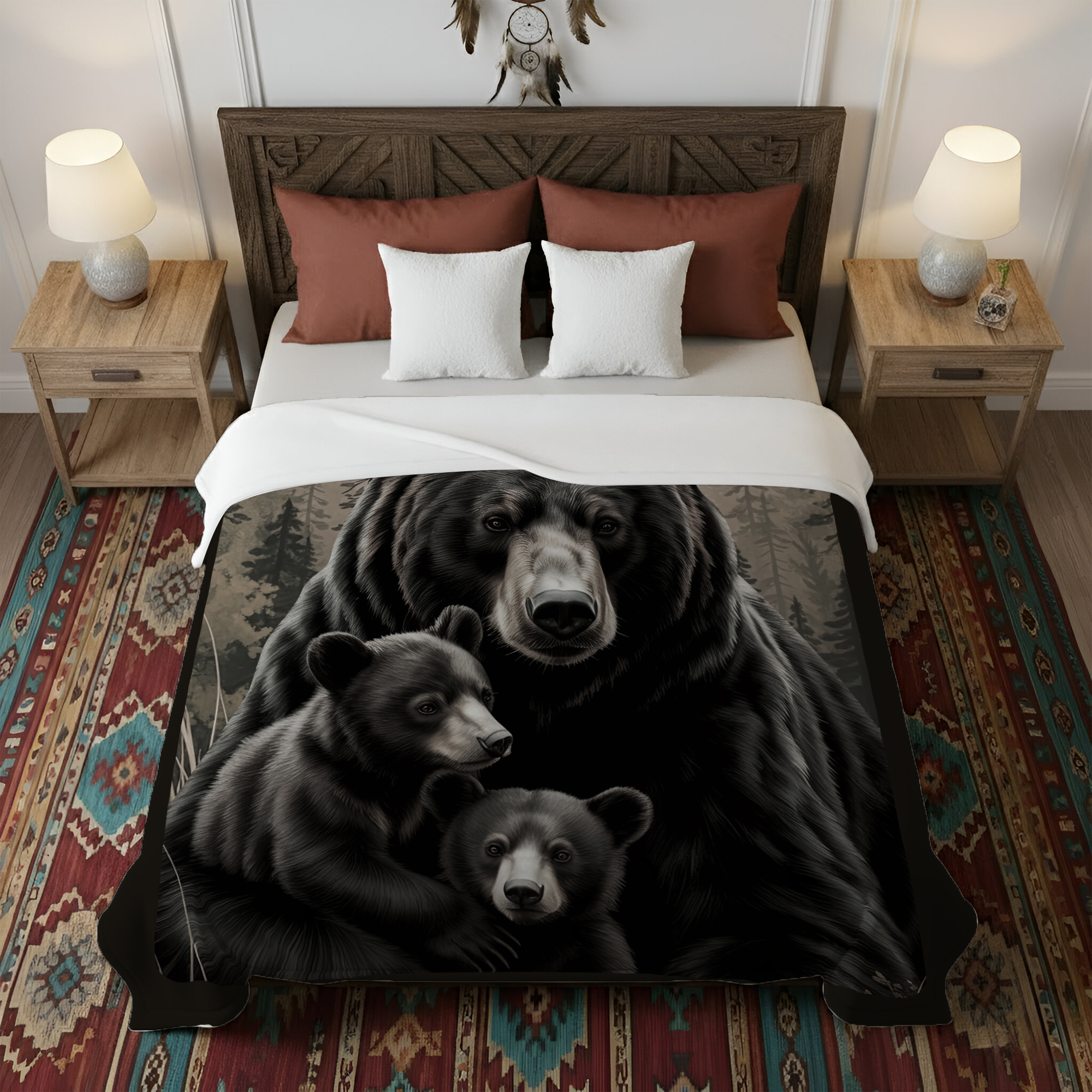 Forest Guardians Bear Family Native American Cozy Fleece Blanket