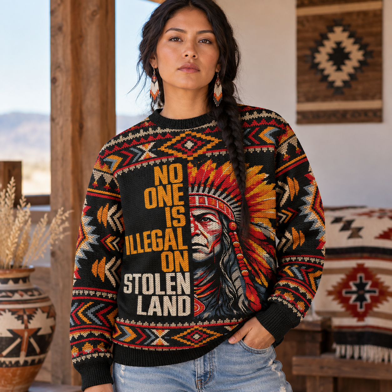No One Is Illegal On Stolen Land Ugly Sweatshirt - Native American Ugly Sweatshirt Unisex