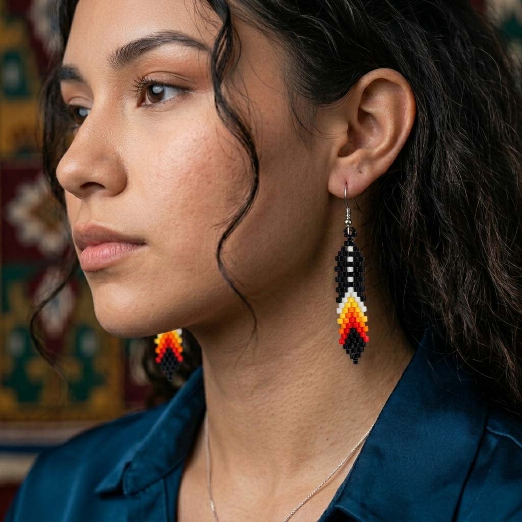 Native American Black Beaded Eagle Feather Earrings – Handmade Seed Bead Jewelry