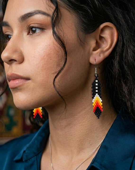 Native American Black Beaded Eagle Feather Earrings – Handmade Seed Bead Jewelry