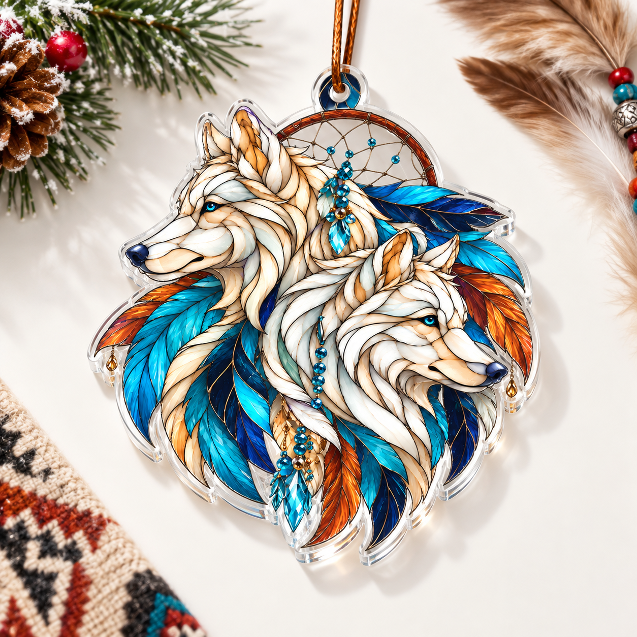 Native Wolf Spirit Dreamcatcher Acrylic Ornament - Unique Gift Decor Flat Acrylic