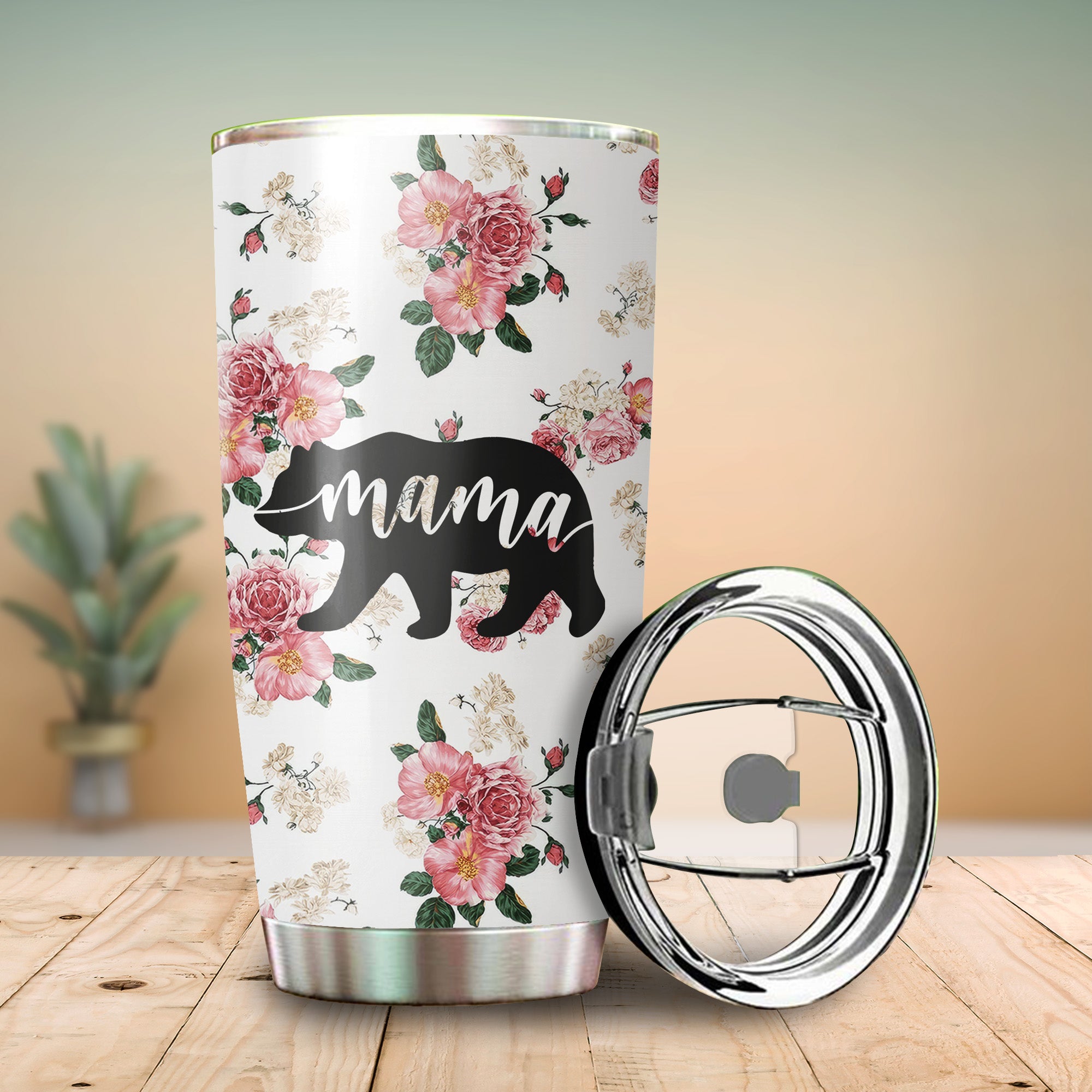Native AmericanMama Bear Floral Tumbler Stainless Steel Drinking Cup