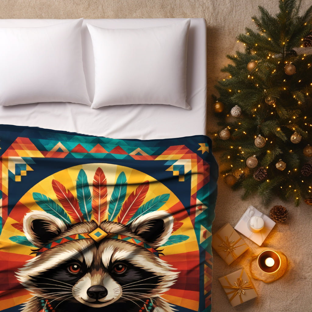 Colorful Feathered Raccoon Native American Cozy Fleece Blanket