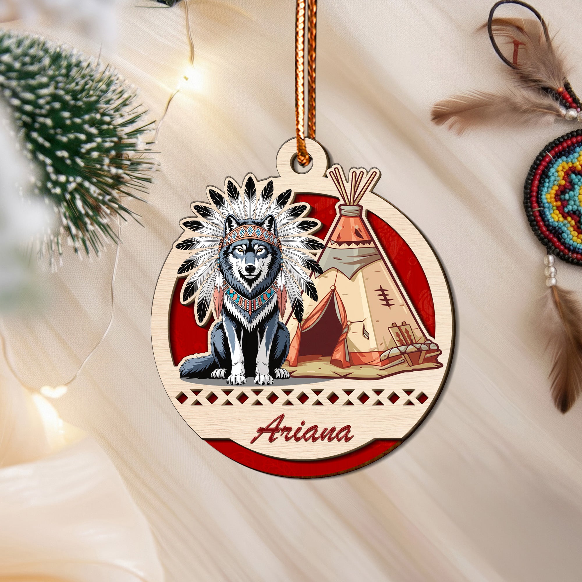 Wolf and Teepee Family Ornament Unique Christmas Gift Decor Two Layered Wood (Custom Name)
