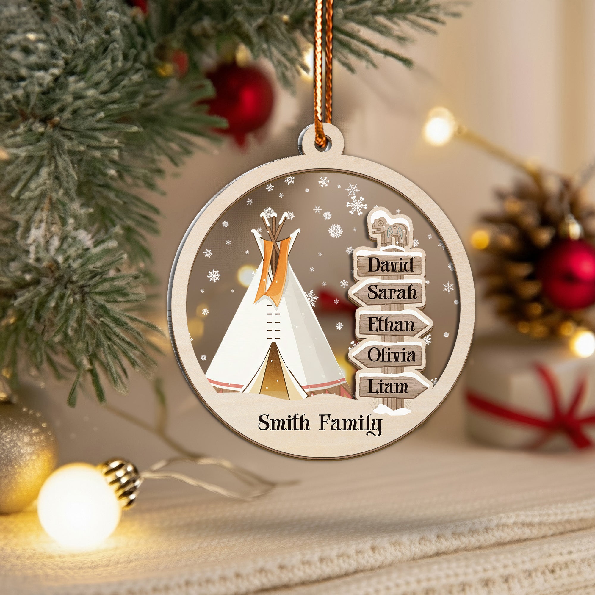 Native Teepee Family Ornament Unique Christmas Gift Decor Wood and Acrylic (Custom Name)