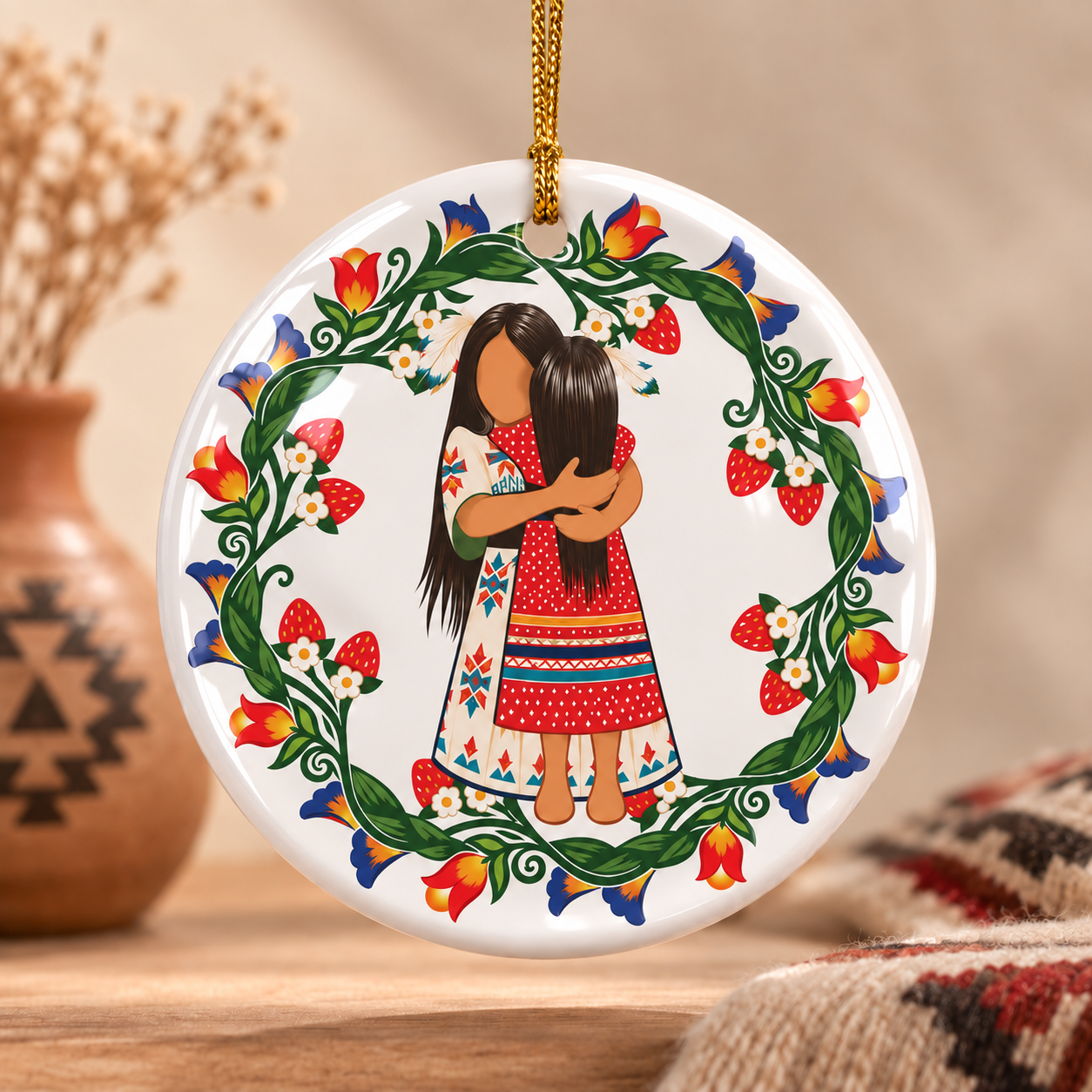 Native Mother Daughter Hug Ceramic Ornament - Indigenous Art Decor