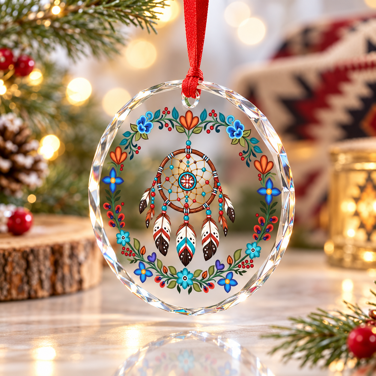 Native Floral Dreamcatcher Glass Ornament – Indigenous Art Decor