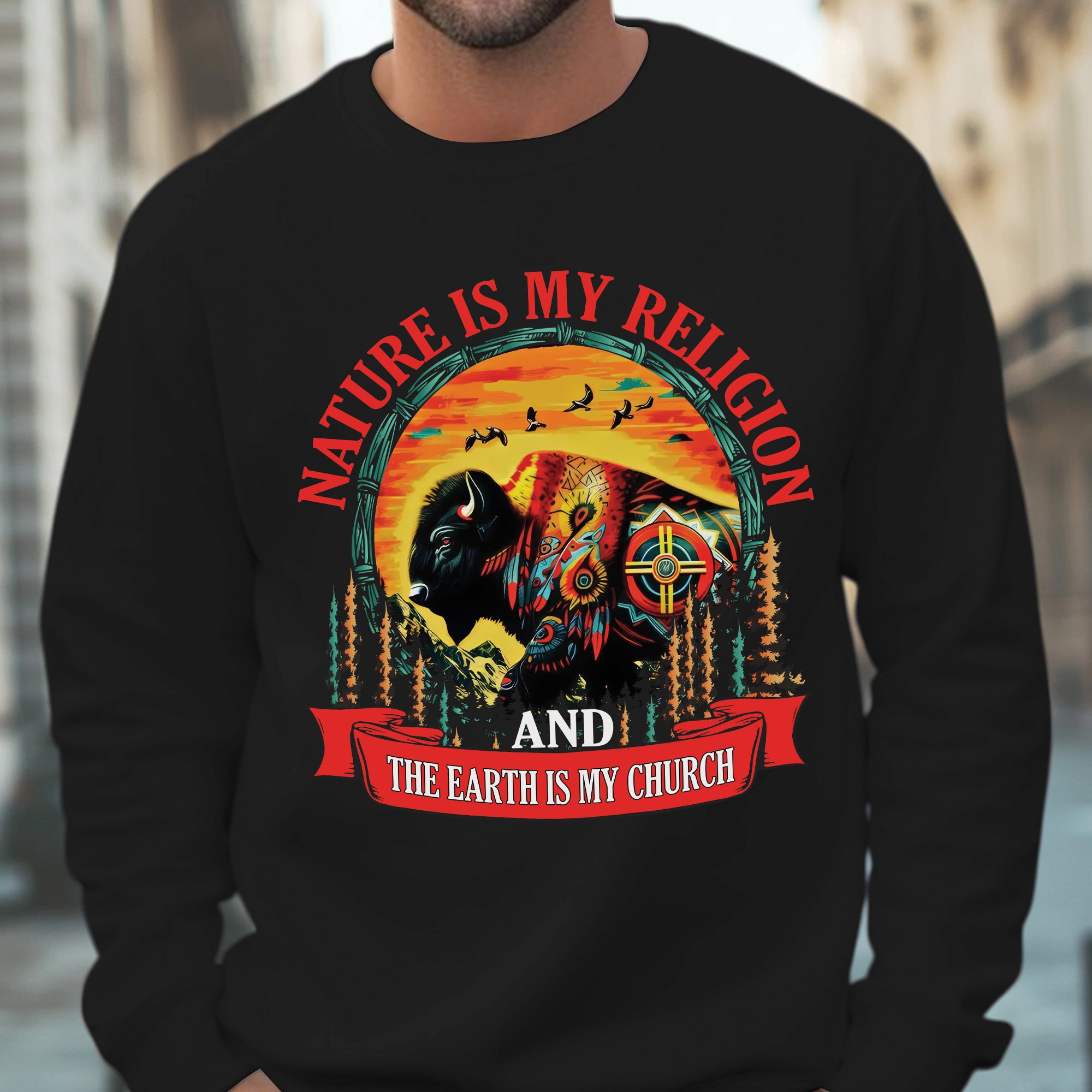 Nature Is My Religion Earth Is My Church Native American Art Buffalo Design Unisex T-shirt/T-shirt V-Neck/Hoodie/Sweatshirt