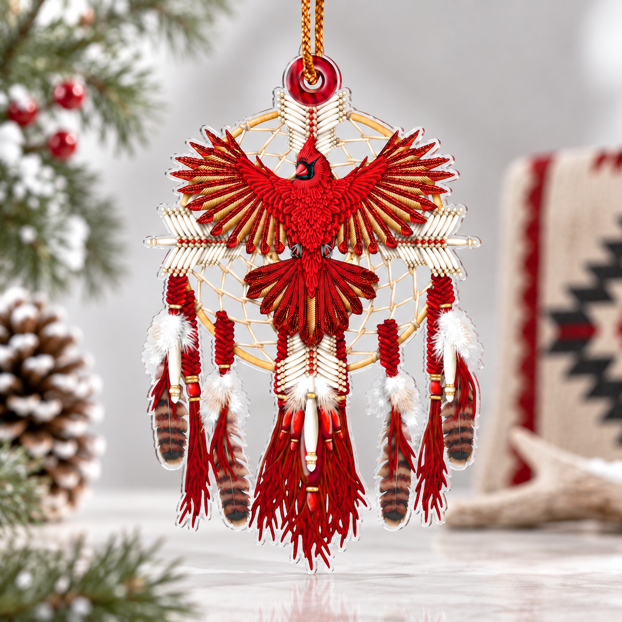 Sacred Red Cardinal Dreamcatcher Ornament Unique Gift Decor Flat Acrylic