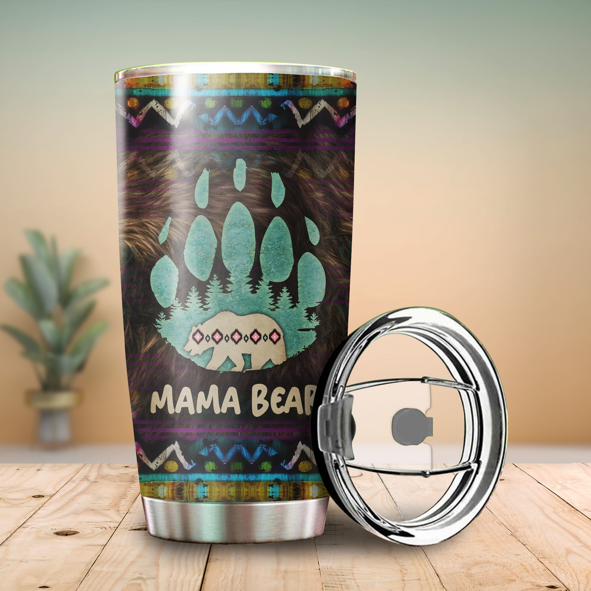 Native American Mama Bear Tumbler Stainless Steel Drinking Cup (Custom Name Design)