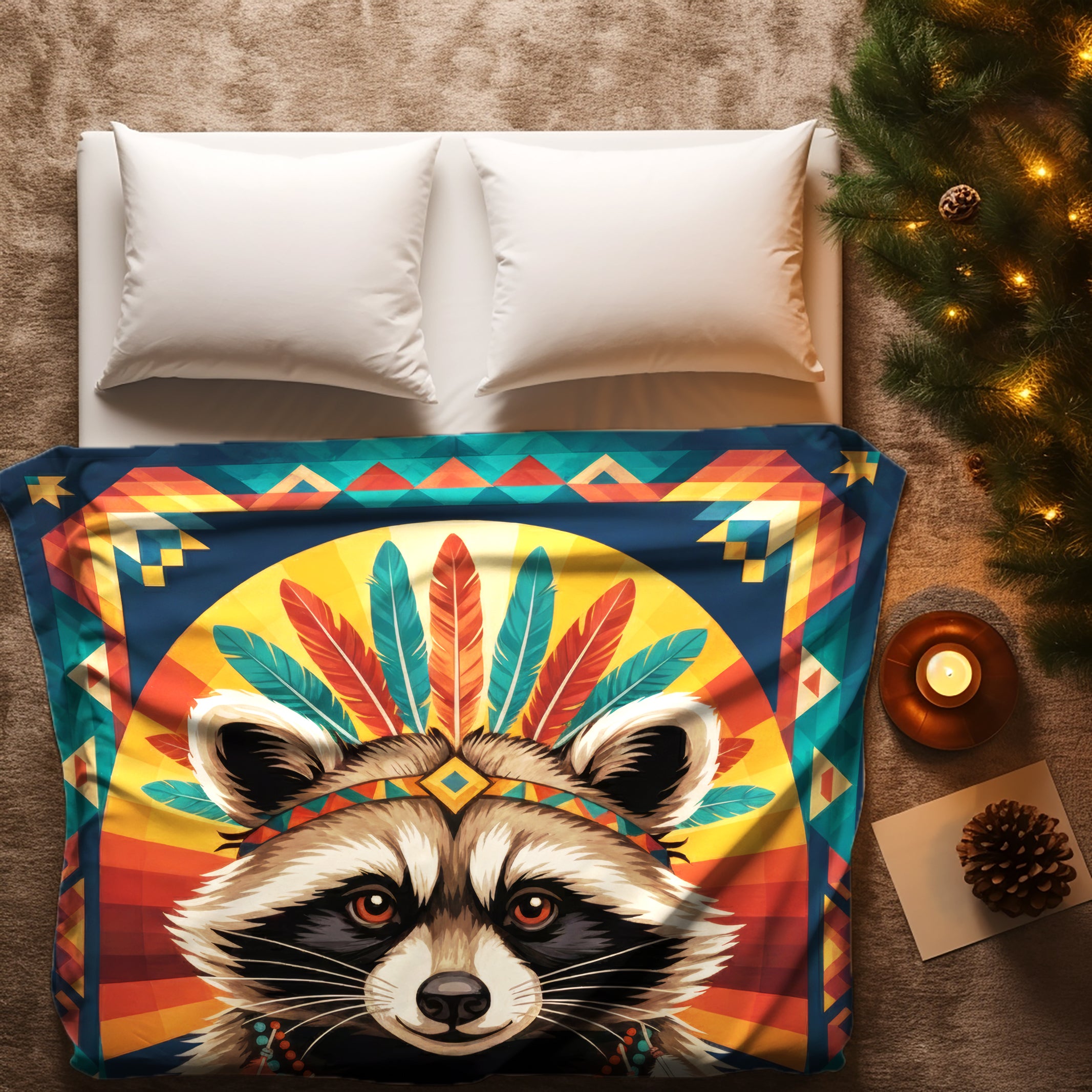 Colorful Feathered Raccoon Native American Cozy Fleece Blanket