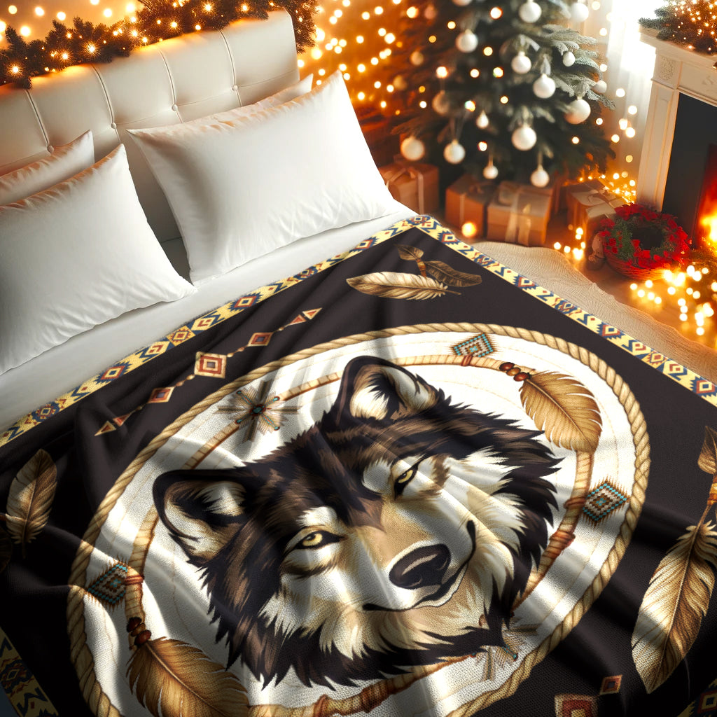 Native Wisdom Wolf Throw Native American Cozy Fleece Blanket
