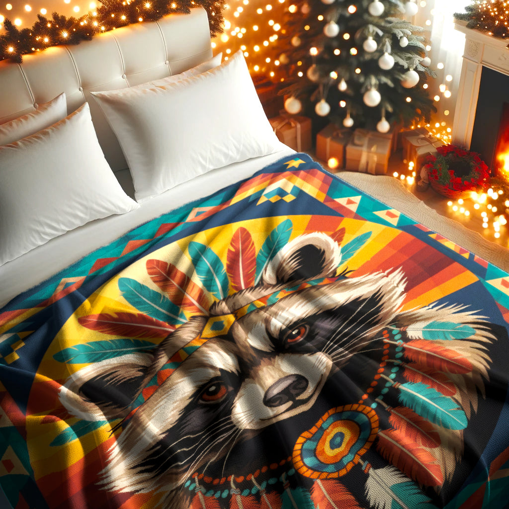 Colorful Feathered Raccoon Native American Cozy Fleece Blanket