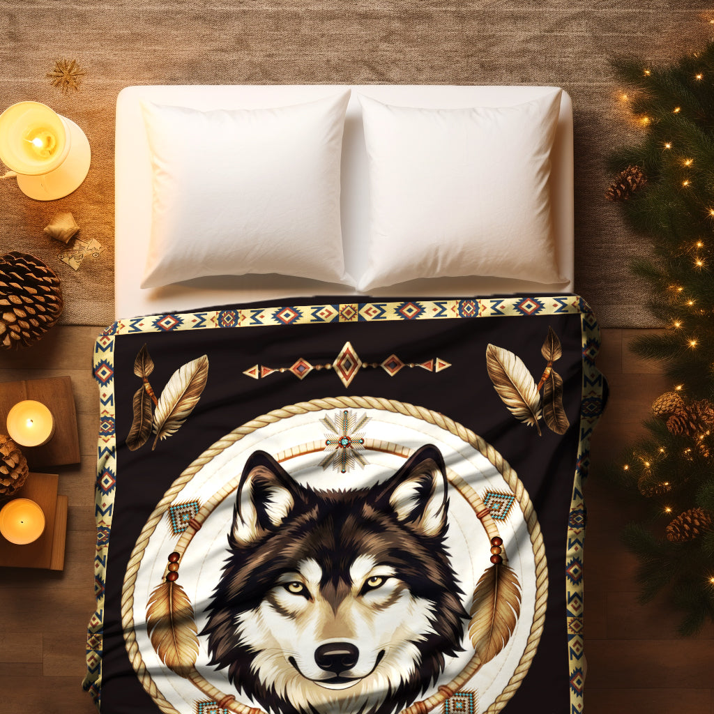 Native Wisdom Wolf Throw Native American Cozy Fleece Blanket