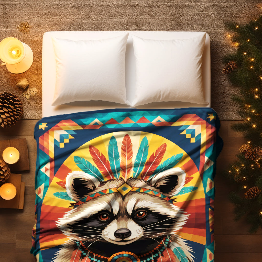 Colorful Feathered Raccoon Native American Cozy Fleece Blanket