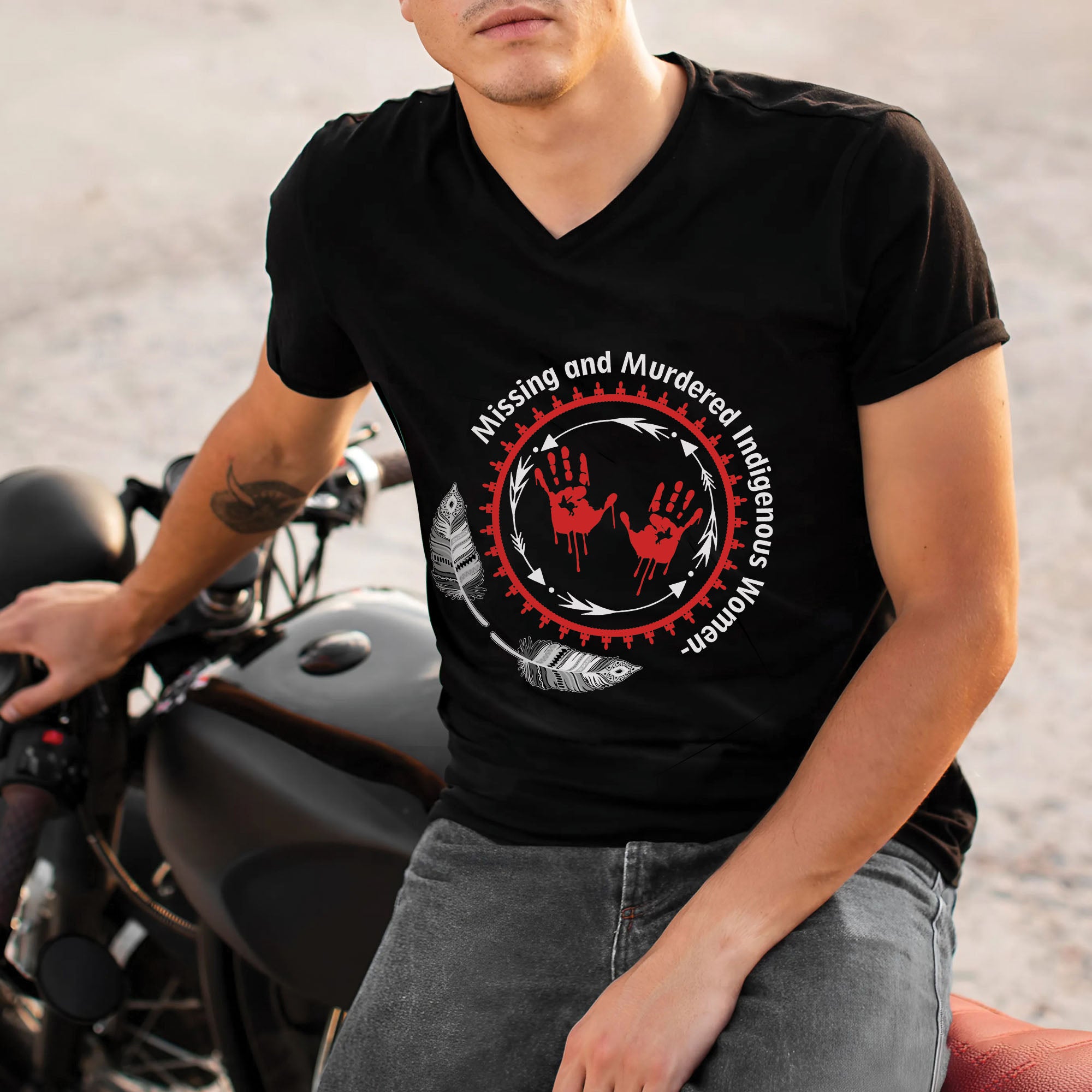MMIW Awareness Honoring MMIW – Red Tee with Handprint & Sacred Feather Unisex T-shirt/T-shirt V-Neck/Hoodie/Sweatshirt