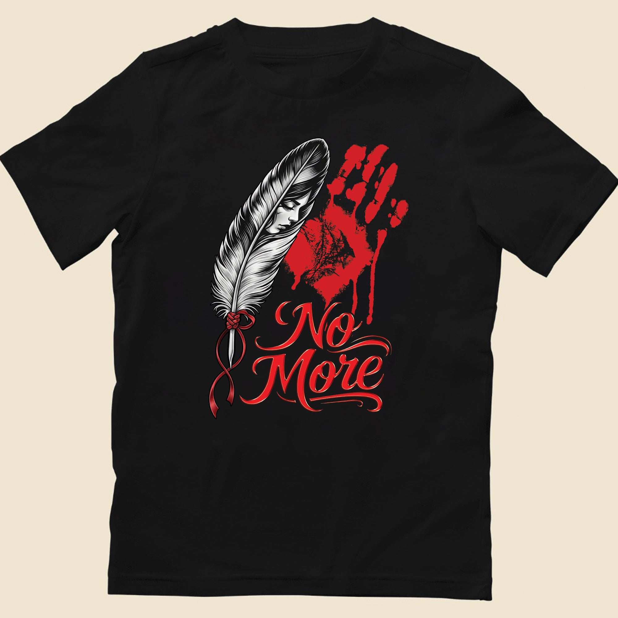 No More MMIW Awareness - Native American Feather & Handprint Design Unisex T-shirt/T-shirt V-Neck/Hoodie/Sweatshirt
