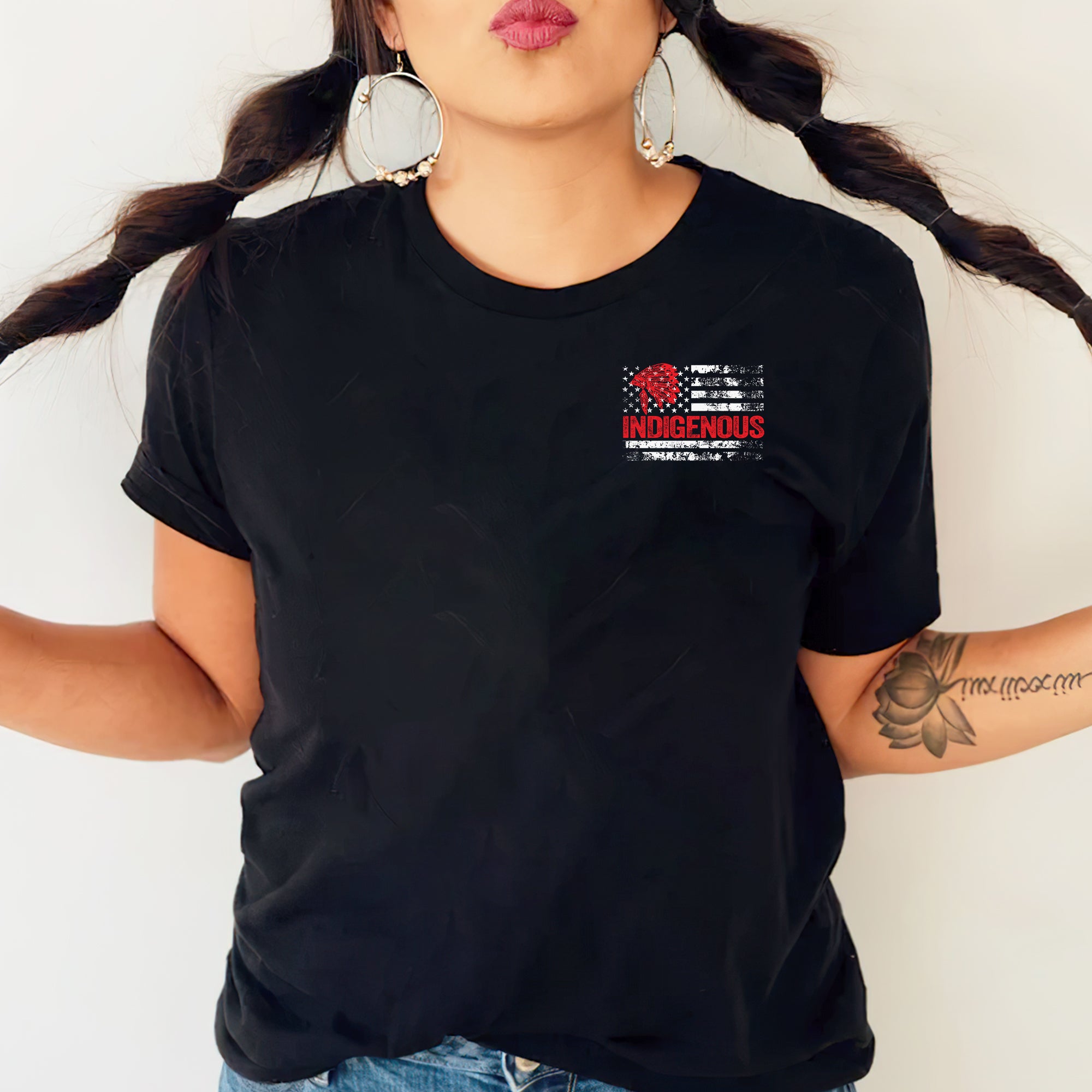 Indigenous American Flag T-Shirt – Native Pride Red Headdress Unisex T-Shirt/T-Shirt V-Neck/Hoodie/Sweatshirt Two Sides