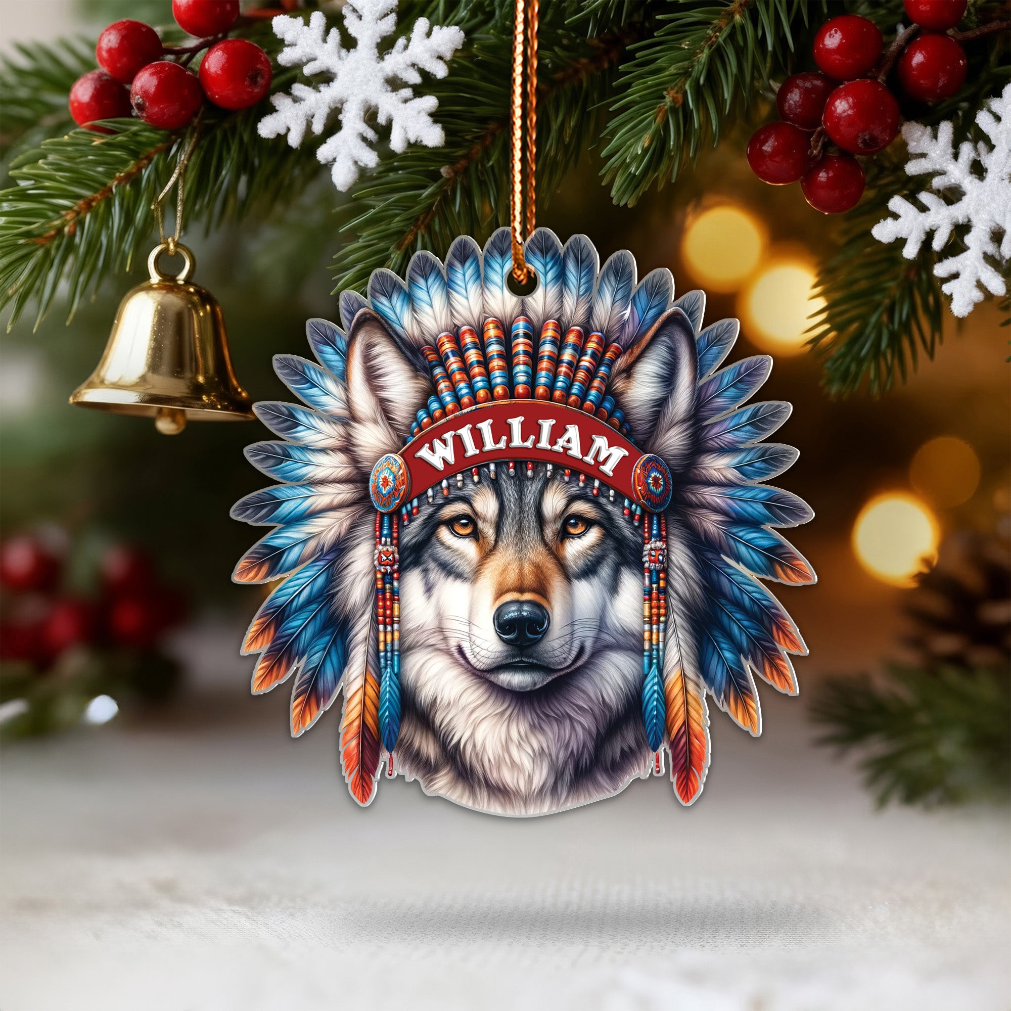 Wolf Spirit Feather Ornament Native American Unique Christmas Gift Decor Flat Acrylic (Custom Name)
