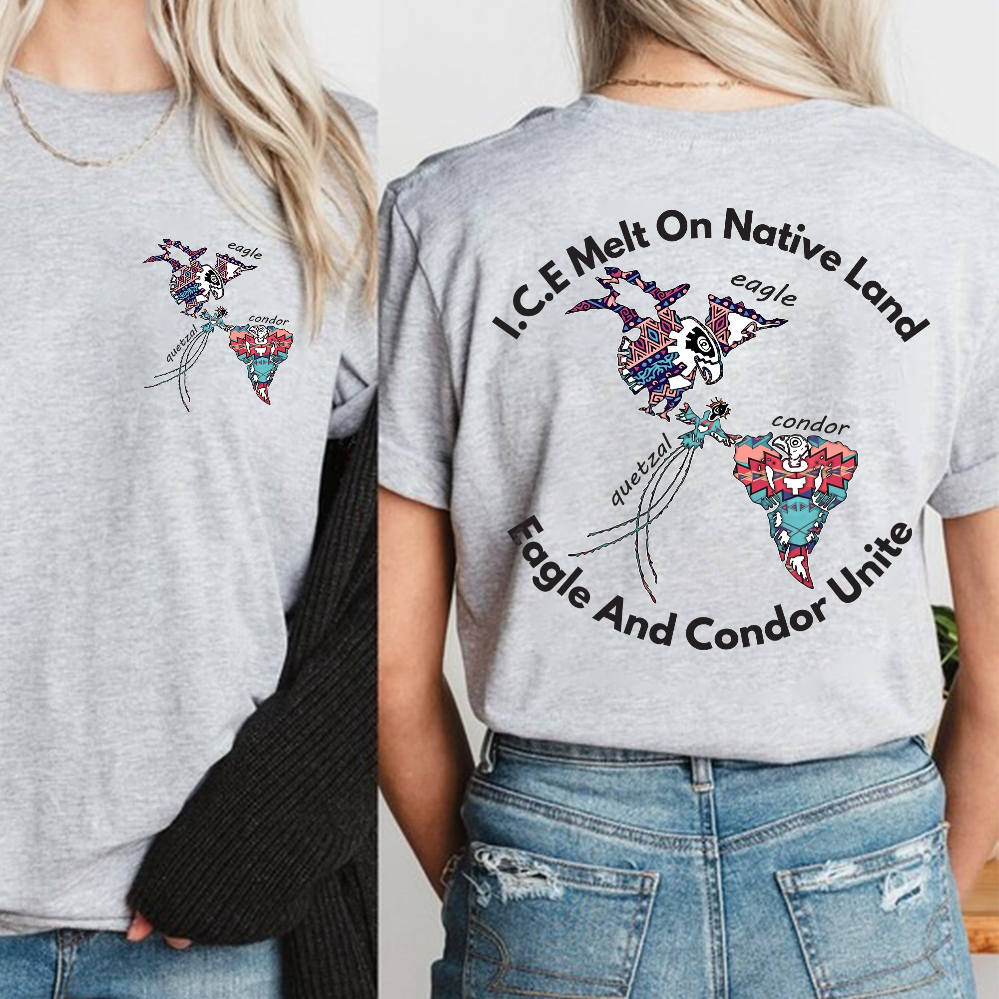ICE Melt On Native Land – Eagle and Condor Unite Indigenous Solidarity Unisex T-shirt/T-shirt V-Neck/Hoodie/Sweatshirt - Two Sides