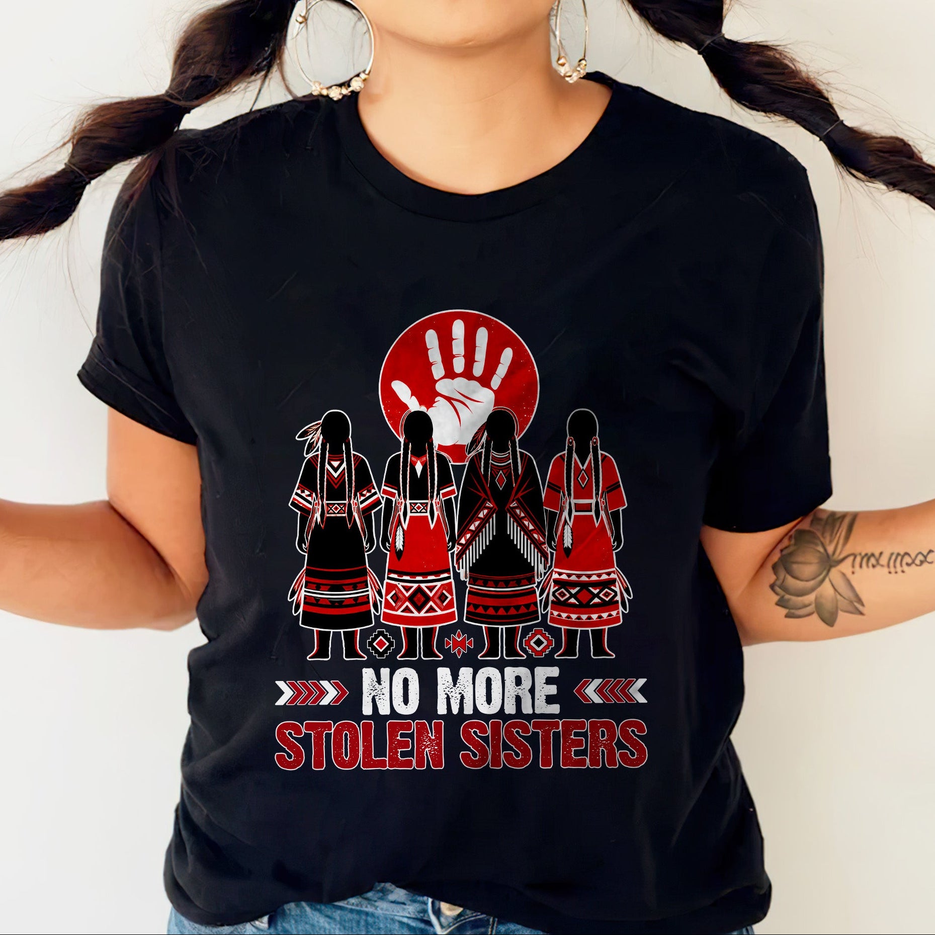 No More Stolen Sisters - Native American Red Hand & Silhouette Design Unisex T-shirt/T-shirt V-Neck/Hoodie/Sweatshirt