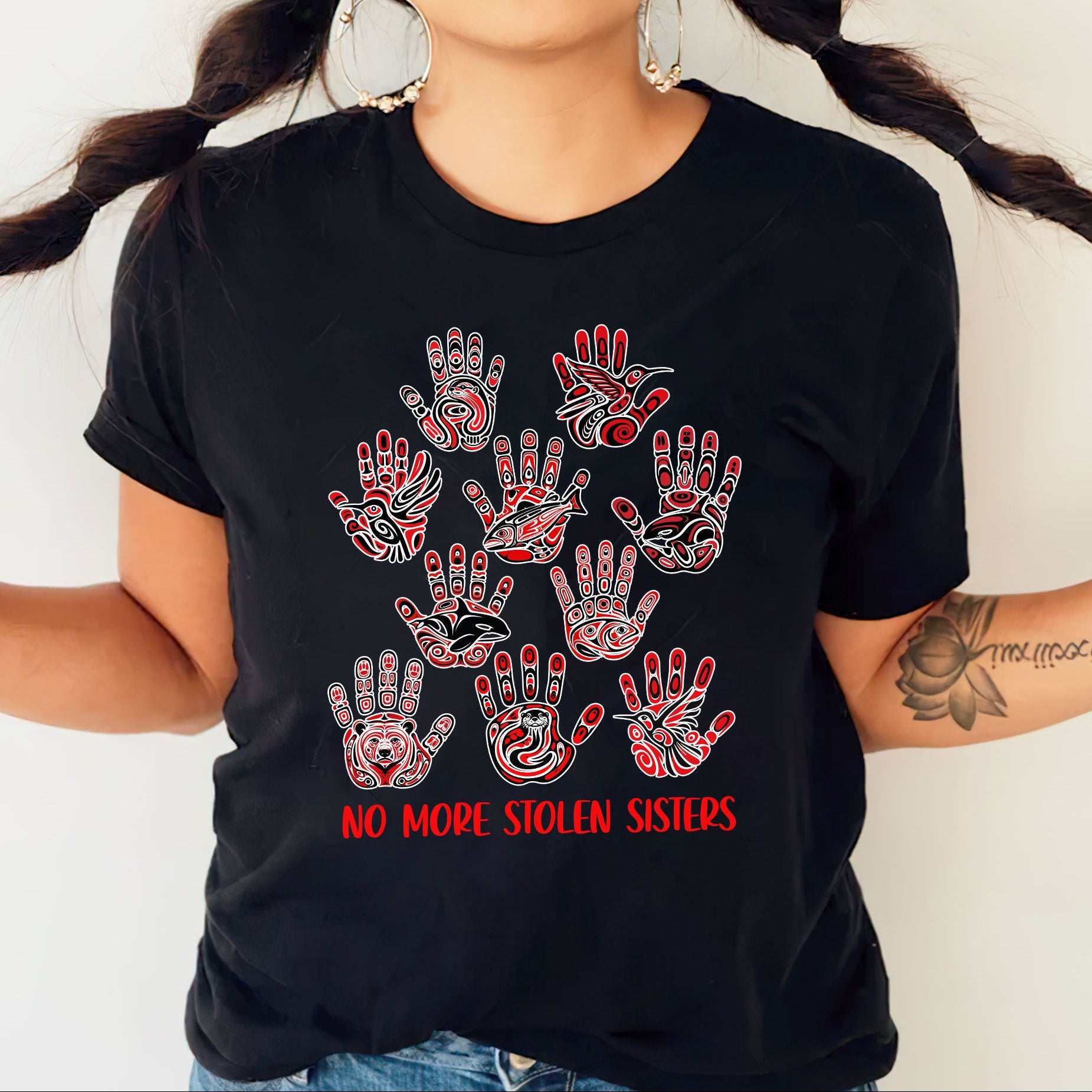 No More Stolen Sisters - MMIW Awareness with Tribal Hand and Animal Design Unisex T-shirt/T-shirt V-Neck/Hoodie/Sweatshirt