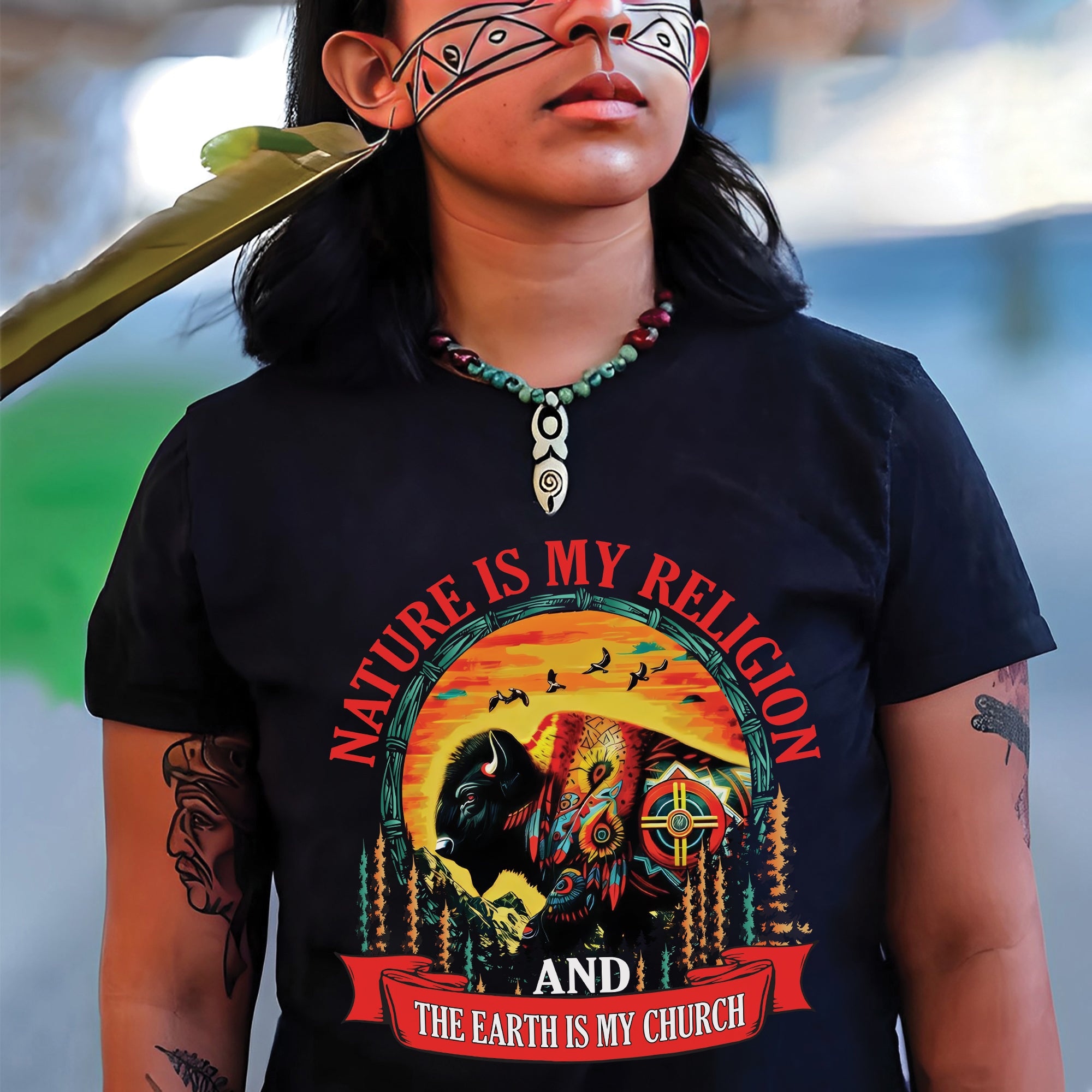 Nature Is My Religion Earth Is My Church Native American Art Buffalo Design Unisex T-shirt/T-shirt V-Neck/Hoodie/Sweatshirt