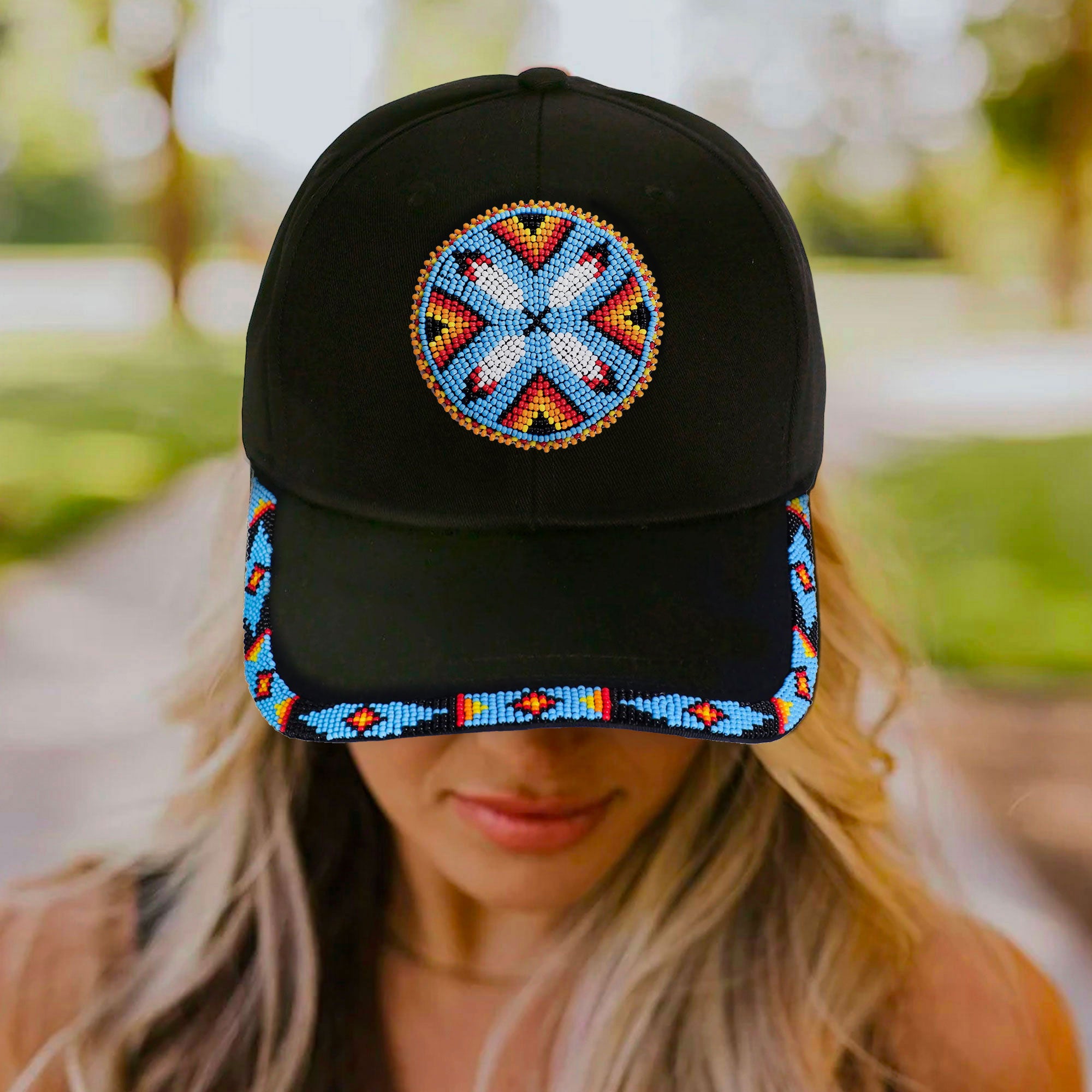 SALE 50% OFF - Cotton Unisex Baseball Cap With Beaded Patch Brim Native American Style