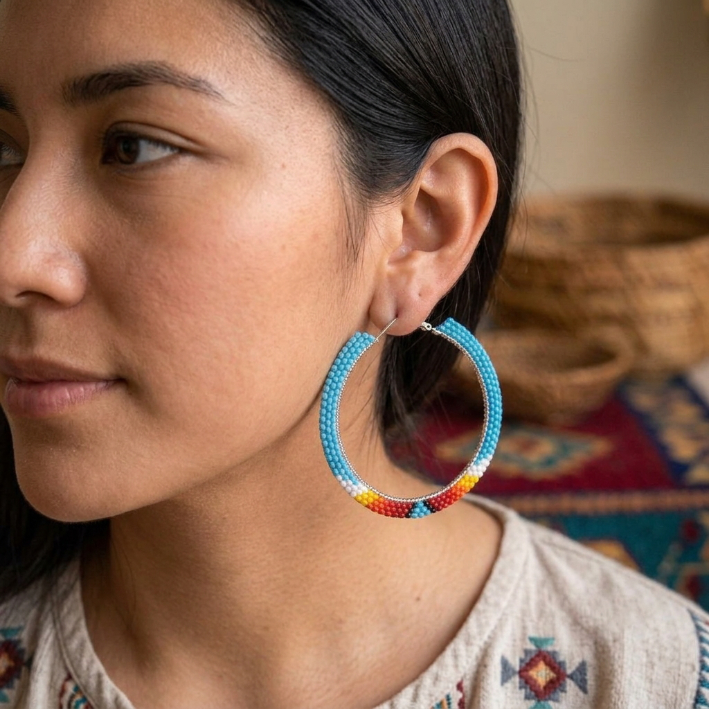 Native American Turquoise Beaded Hoop Earrings – Handmade Seed Bead Statement Jewelry