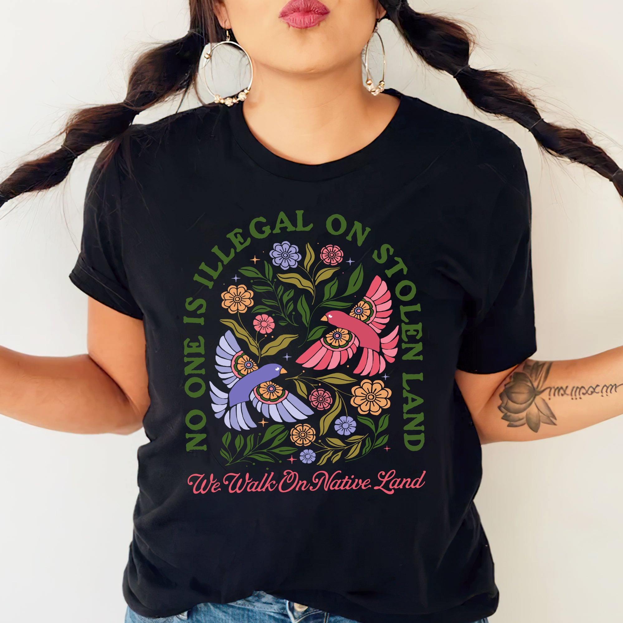 No One Is Illegal on Stolen Land We Walk on Native Land Indigenous Solidarity Floral Birds Unisex T-shirt/V-neck T-shirt/Hoodie/Sweatshirt One Side