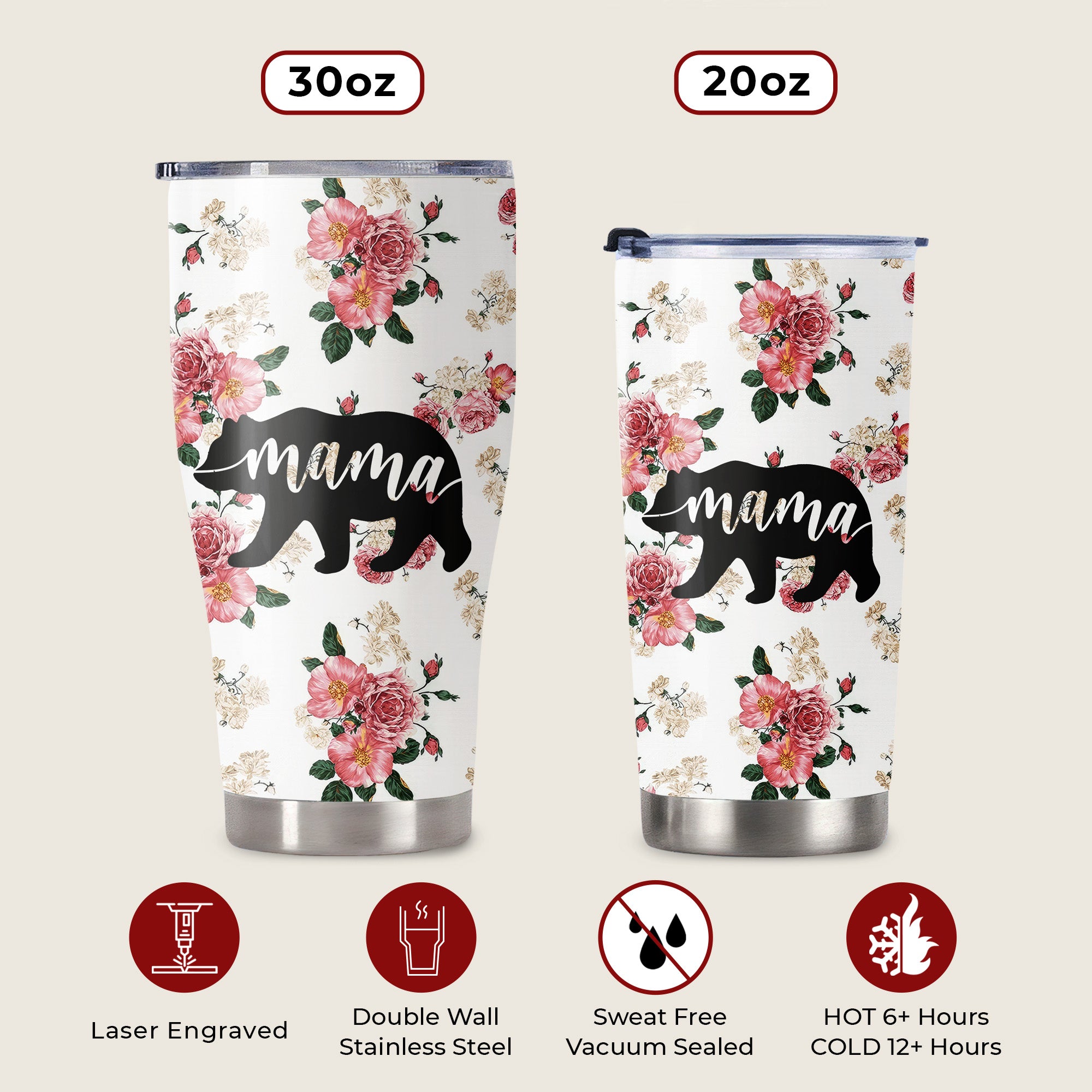 Native AmericanMama Bear Floral Tumbler Stainless Steel Drinking Cup