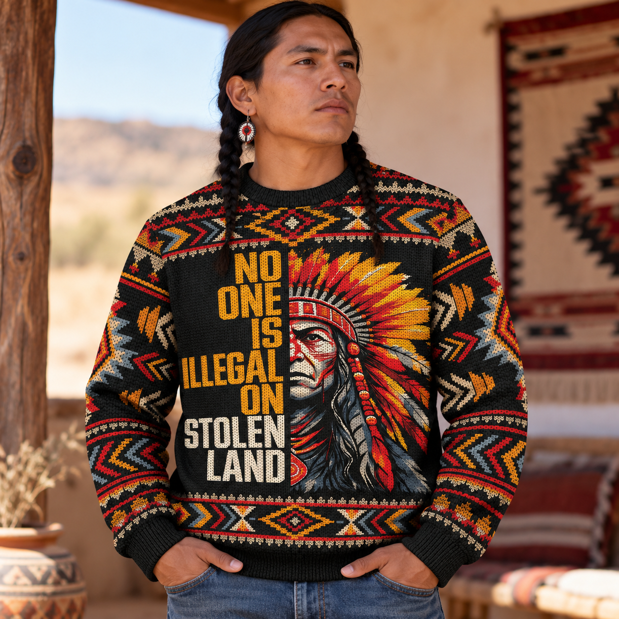 No One Is Illegal On Stolen Land Ugly Sweatshirt - Native American Ugly Sweatshirt Unisex