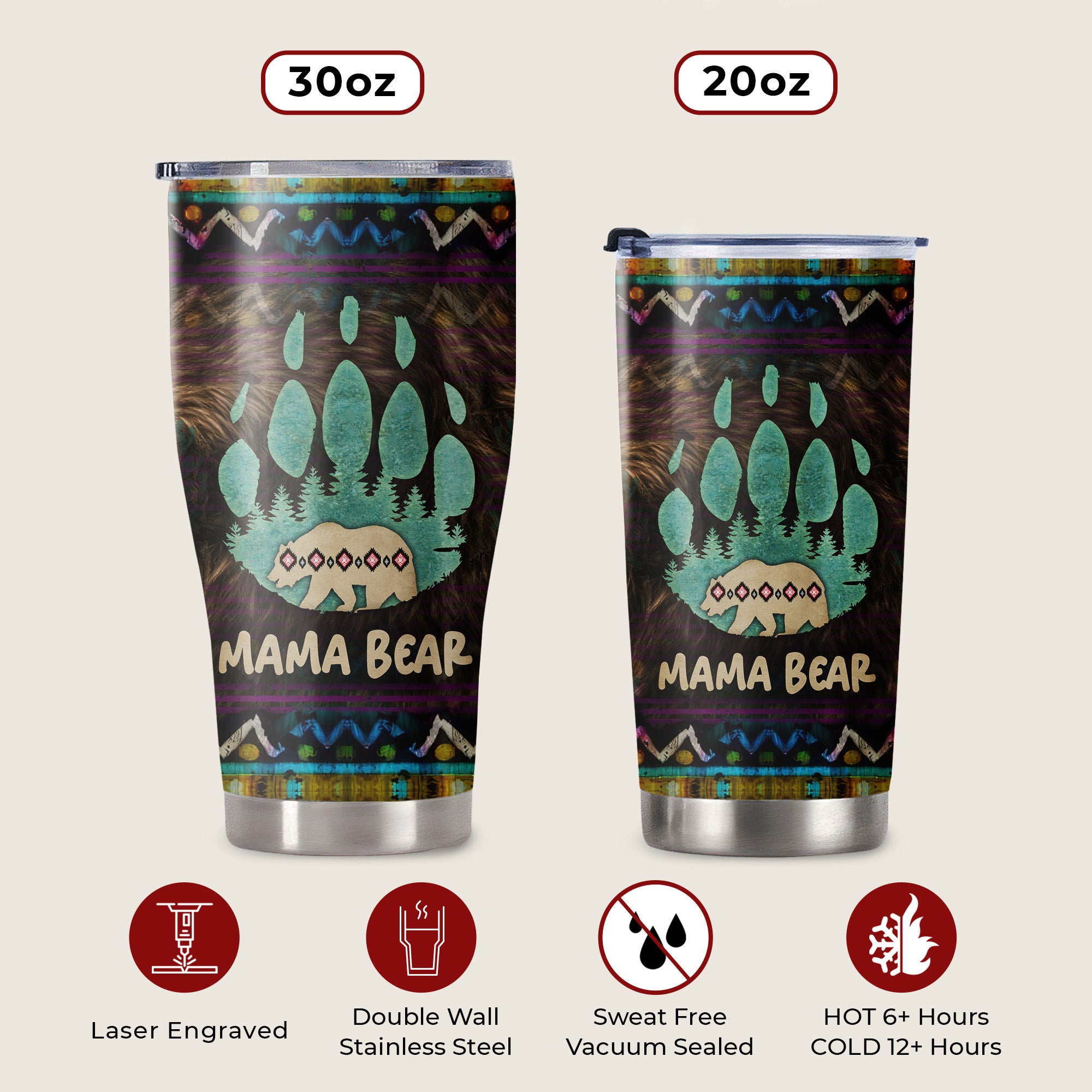 Native American Mama Bear Tumbler Stainless Steel Drinking Cup (Custom Name Design)
