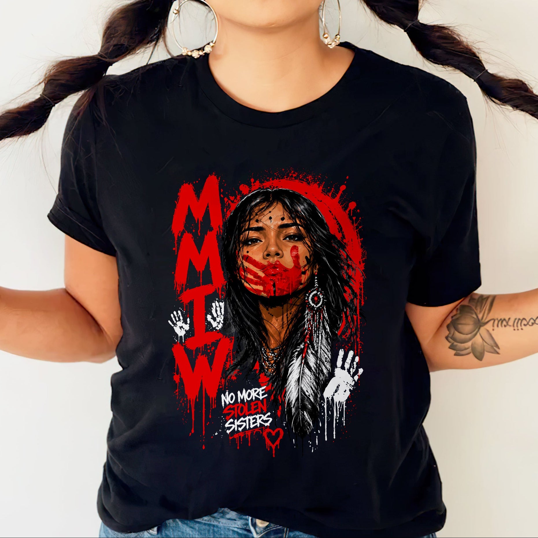 Voice of the Silent - MMIW Native Woman Portrait with Red Handprint Unisex T-shirt/T-shirt V-Neck/Hoodie/Sweatshirt