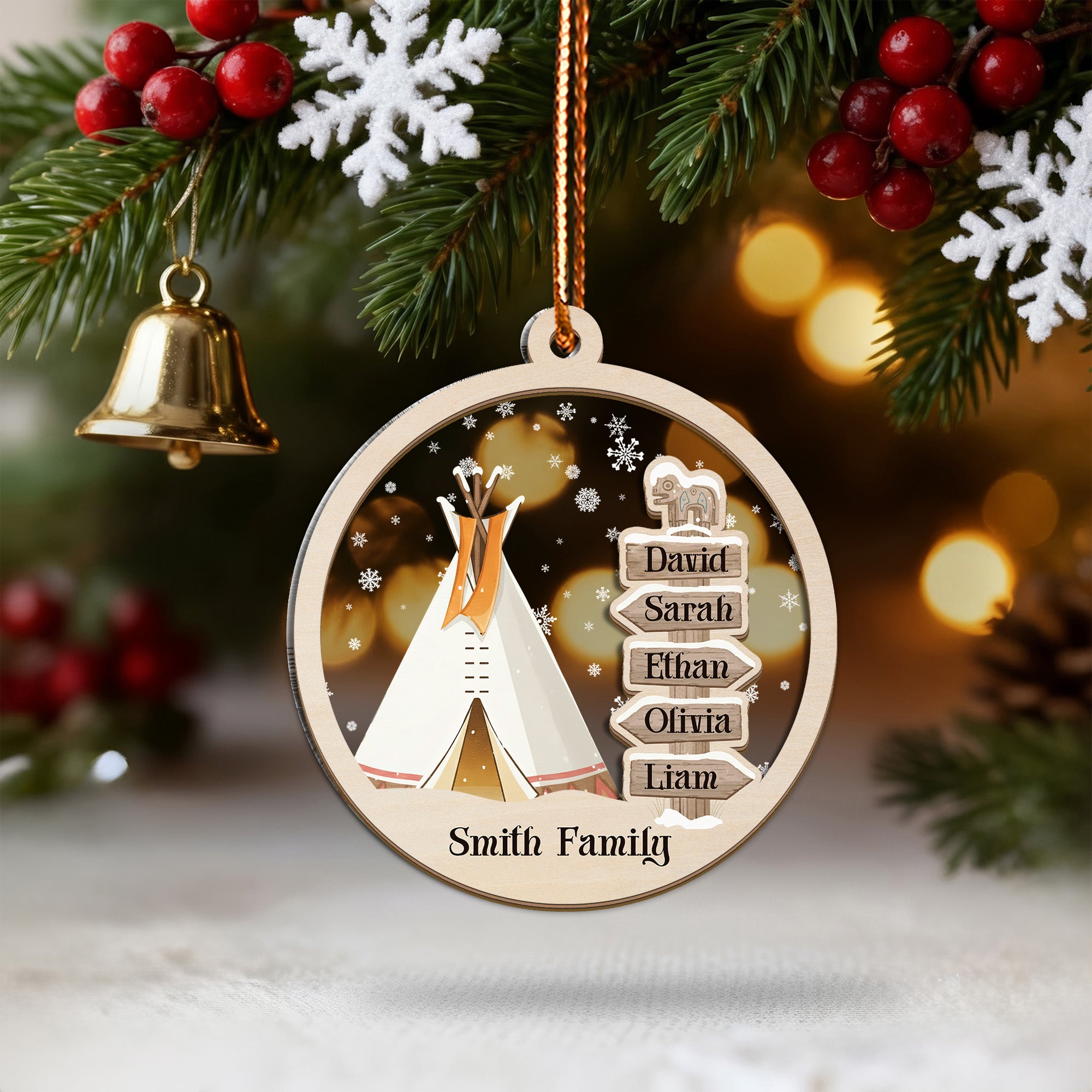 Native Teepee Family Ornament Unique Christmas Gift Decor Wood and Acrylic (Custom Name)